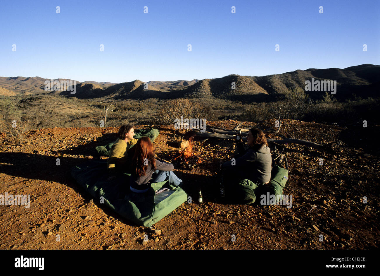 Australia, South Australia, Flinders Ranges, Arkaroola, young backpackers and their swags Stock Photo