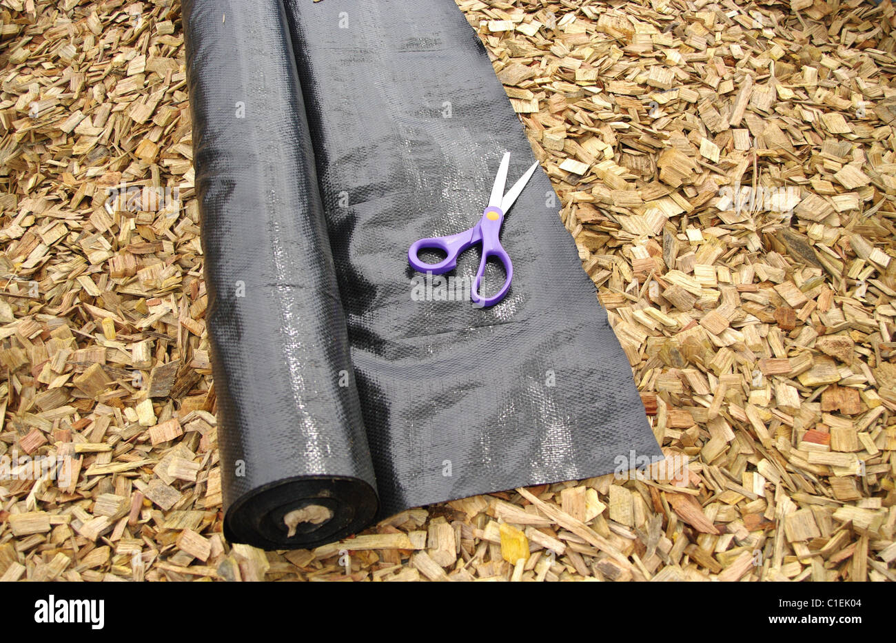 wood chip mulch and black weed matt Stock Photo Alamy
