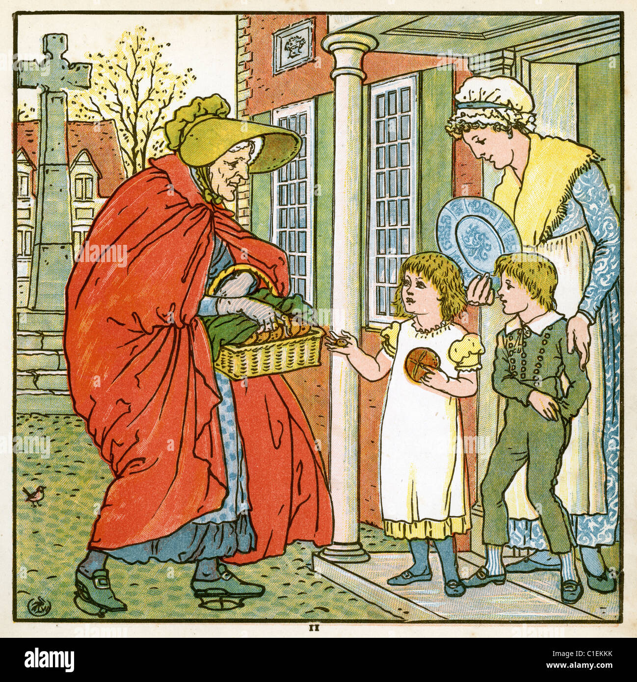 An old woman going door to door on Good Friday selling hot cross buns to children by Walter Crane Stock Photo