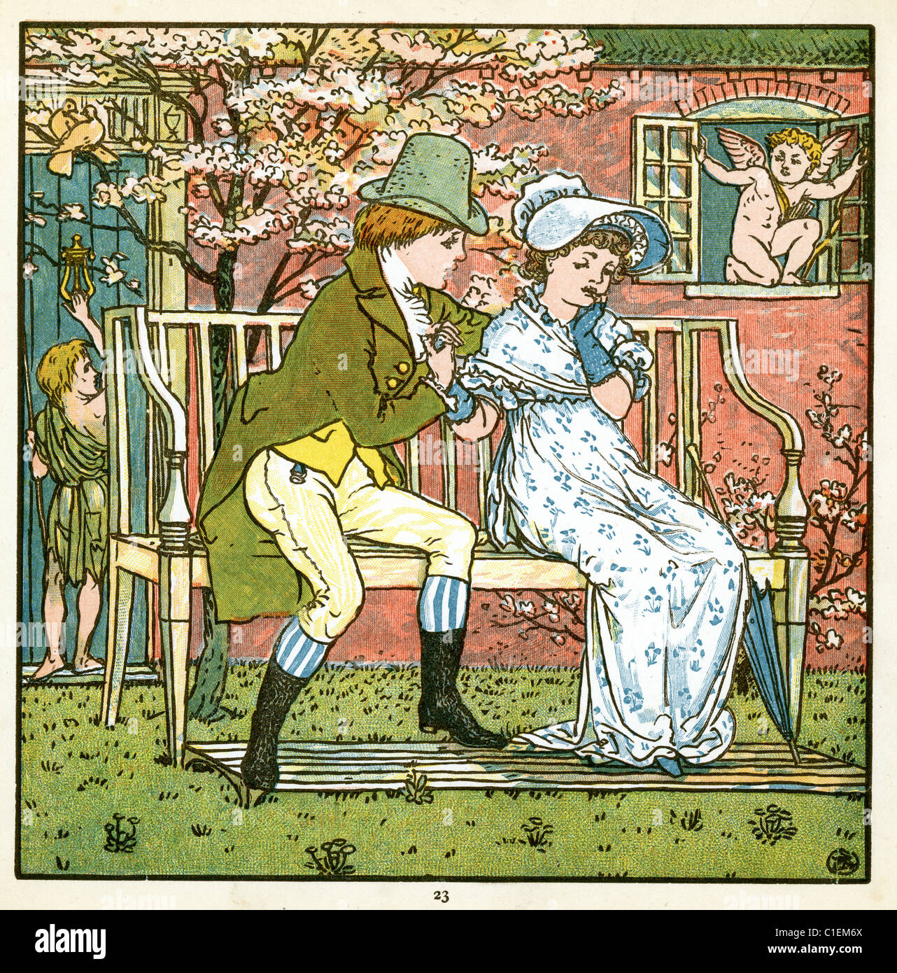 A young couple flirting while cupid looks on by Walter Crane Stock Photo