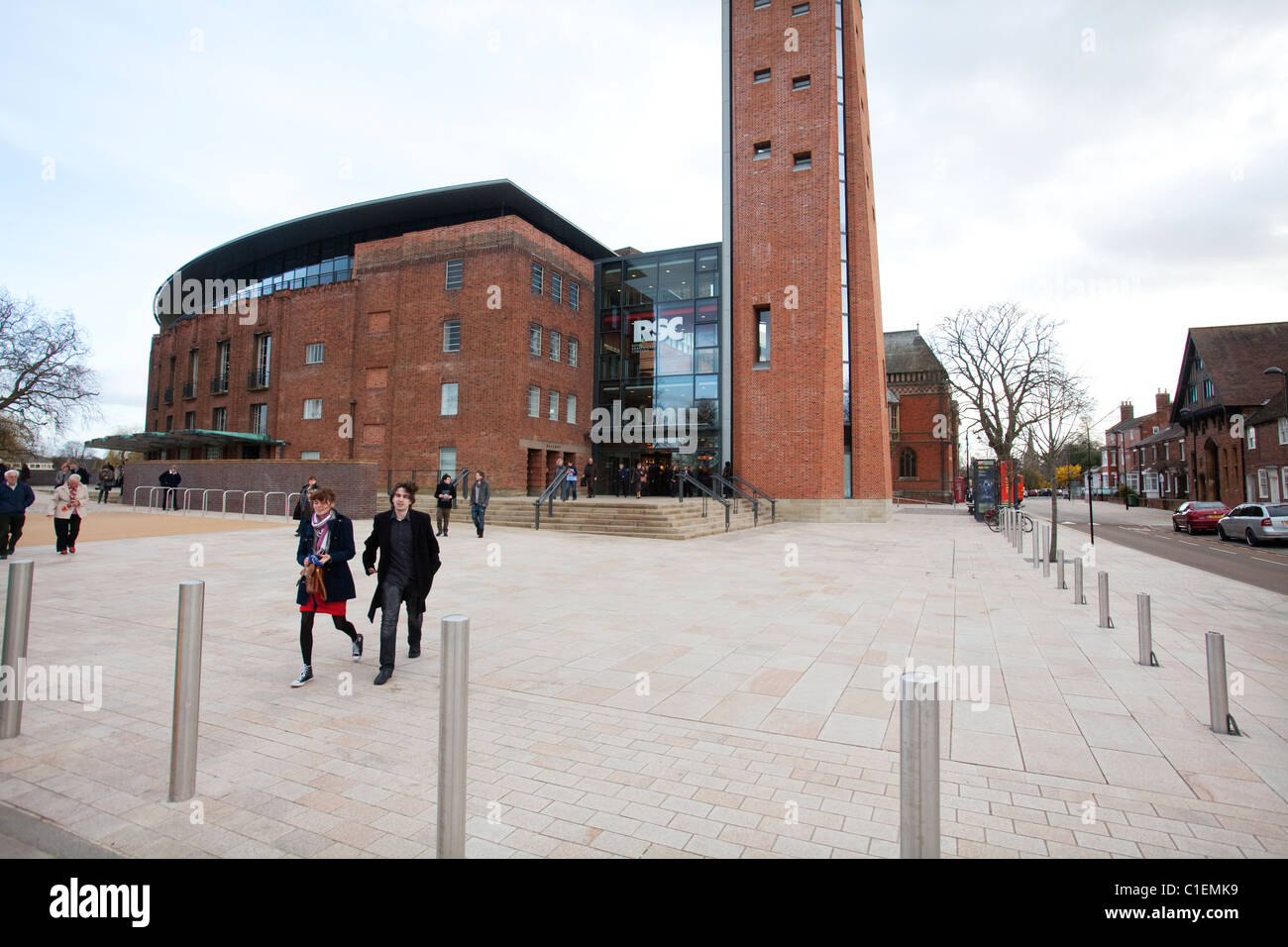 Theatre-goers leave a matinee performance at the newly re-opened Royal Shakespeare Theatre in Stratford-Upon-Avon, UK. Stock Photo