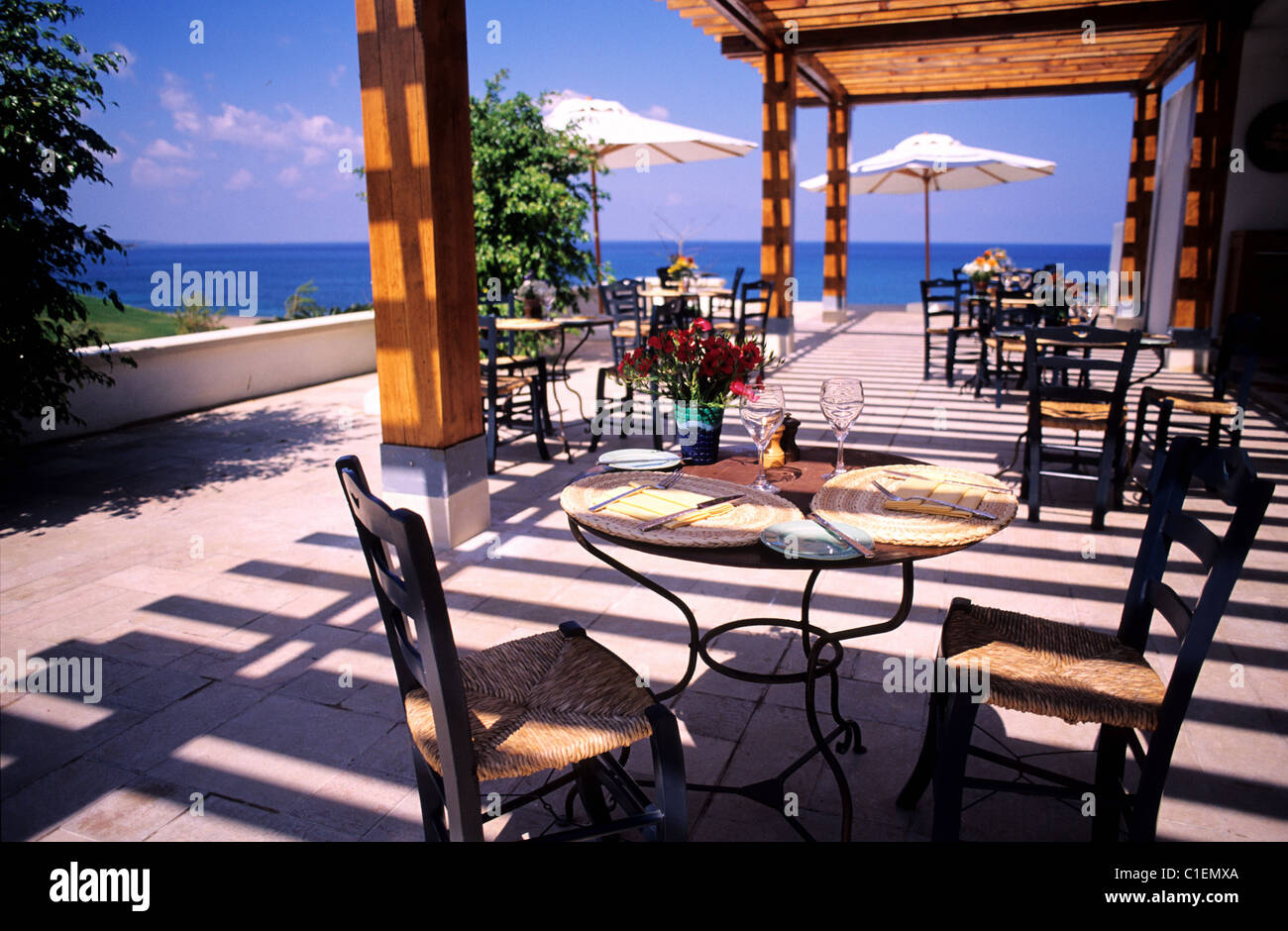 Cyprus, Akamas Province, Akamas Peninsula, Polis Region, Anassa Hotel, terrace of Pelagos Restaurant Stock Photo