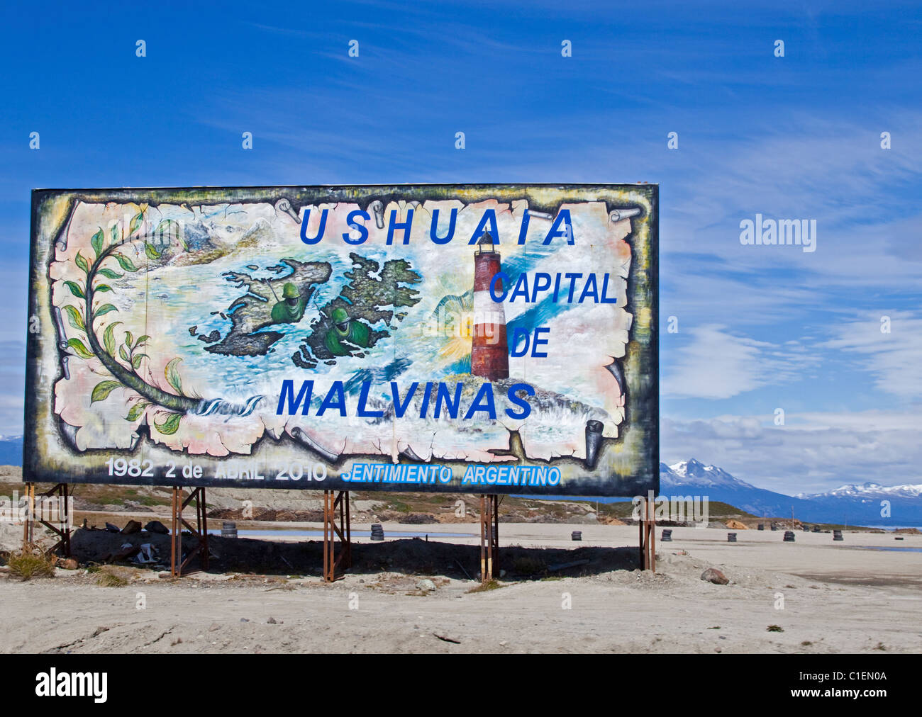 Sign claiming Ushuaia to be the Captial of the Malvinas (Falklands), Ushuaia, Tierra del Fuego, Argentina Stock Photo