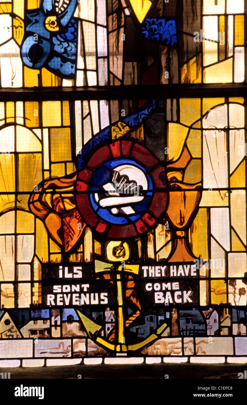 France, Manche, Cotentin, Sainte Mere Eglise, D Day stained glass
