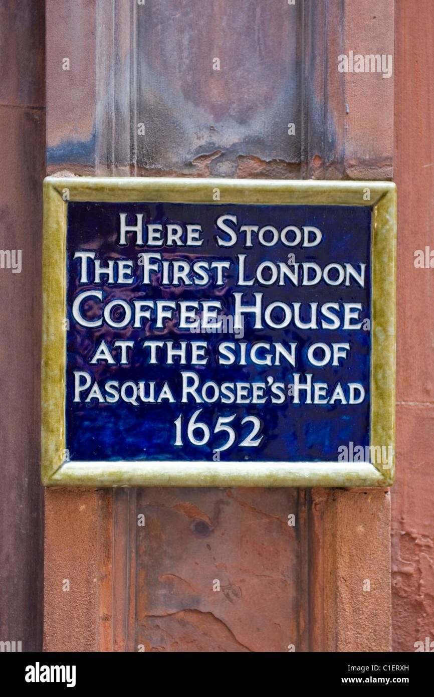 City of London plaque for first Coffee House where financial business transacted at sign of Pasqua Rosee's Head 1652 Stock Photo