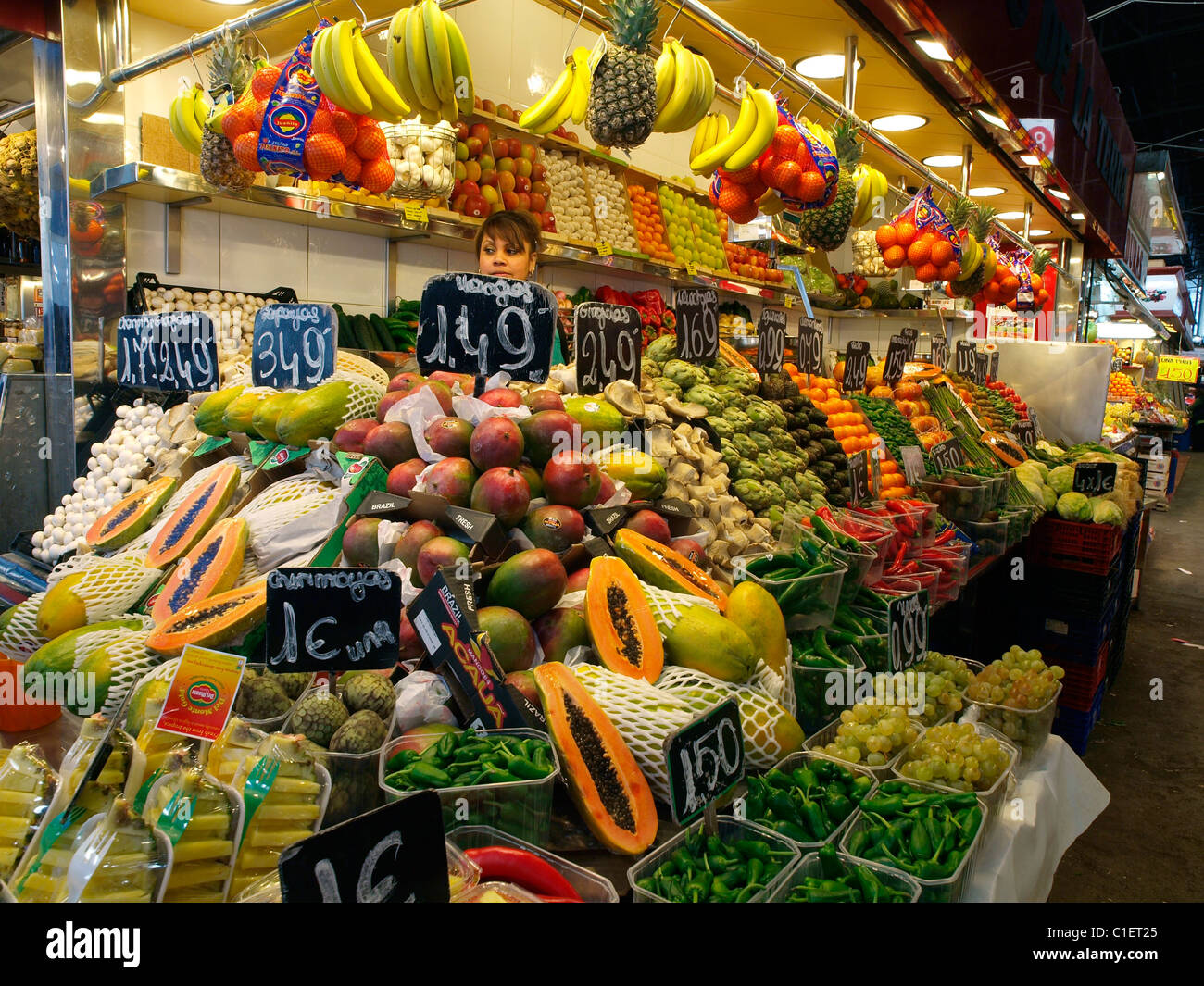 Fruit and vegetable stall Mercat Sant Josep La Boqueria Market Barcelona Stock Photo
