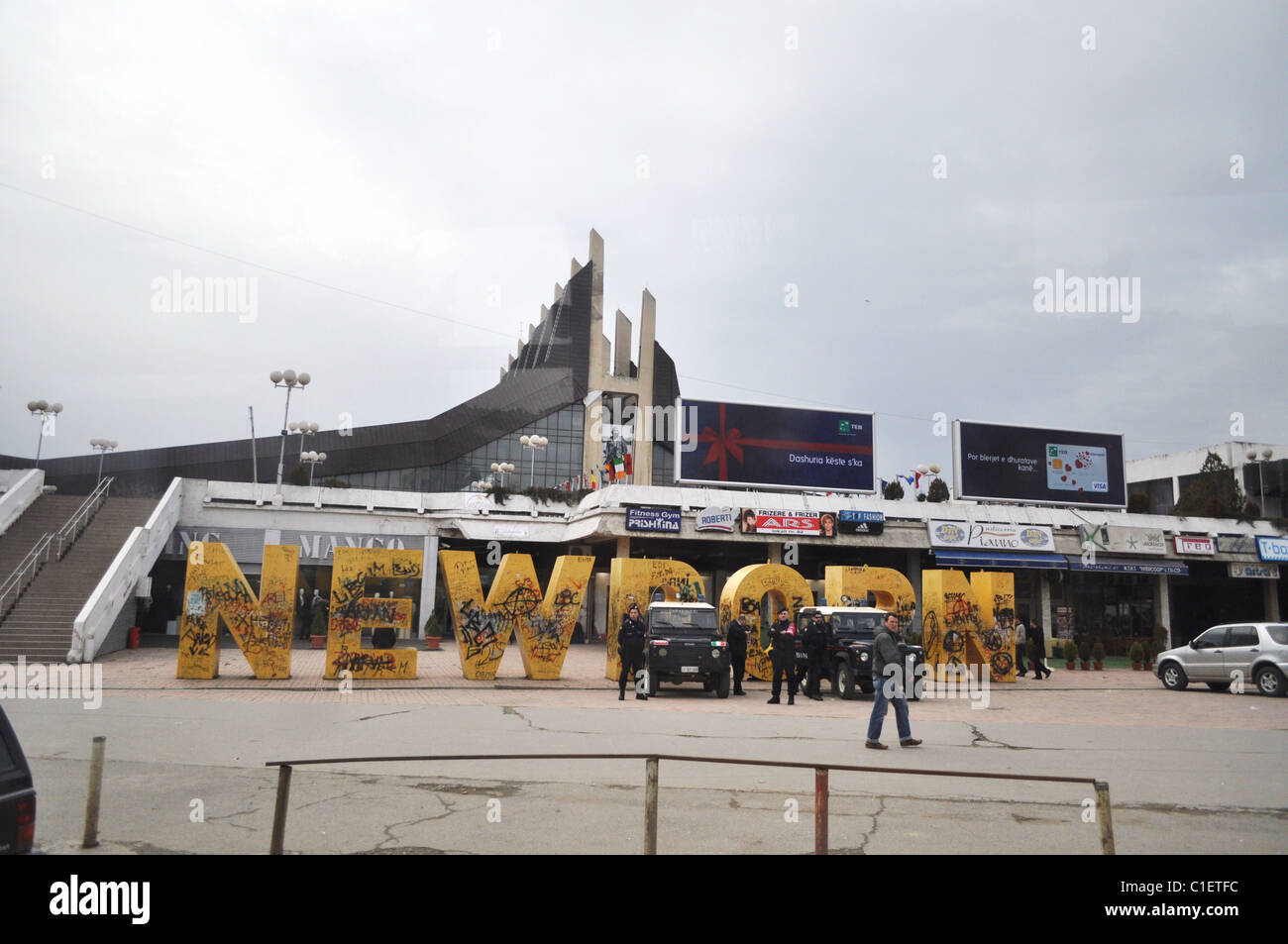 'Newborn' plaza in Pristina, monument marking the Kosova Declaration of Independence Day with kfor troops Stock Photo
