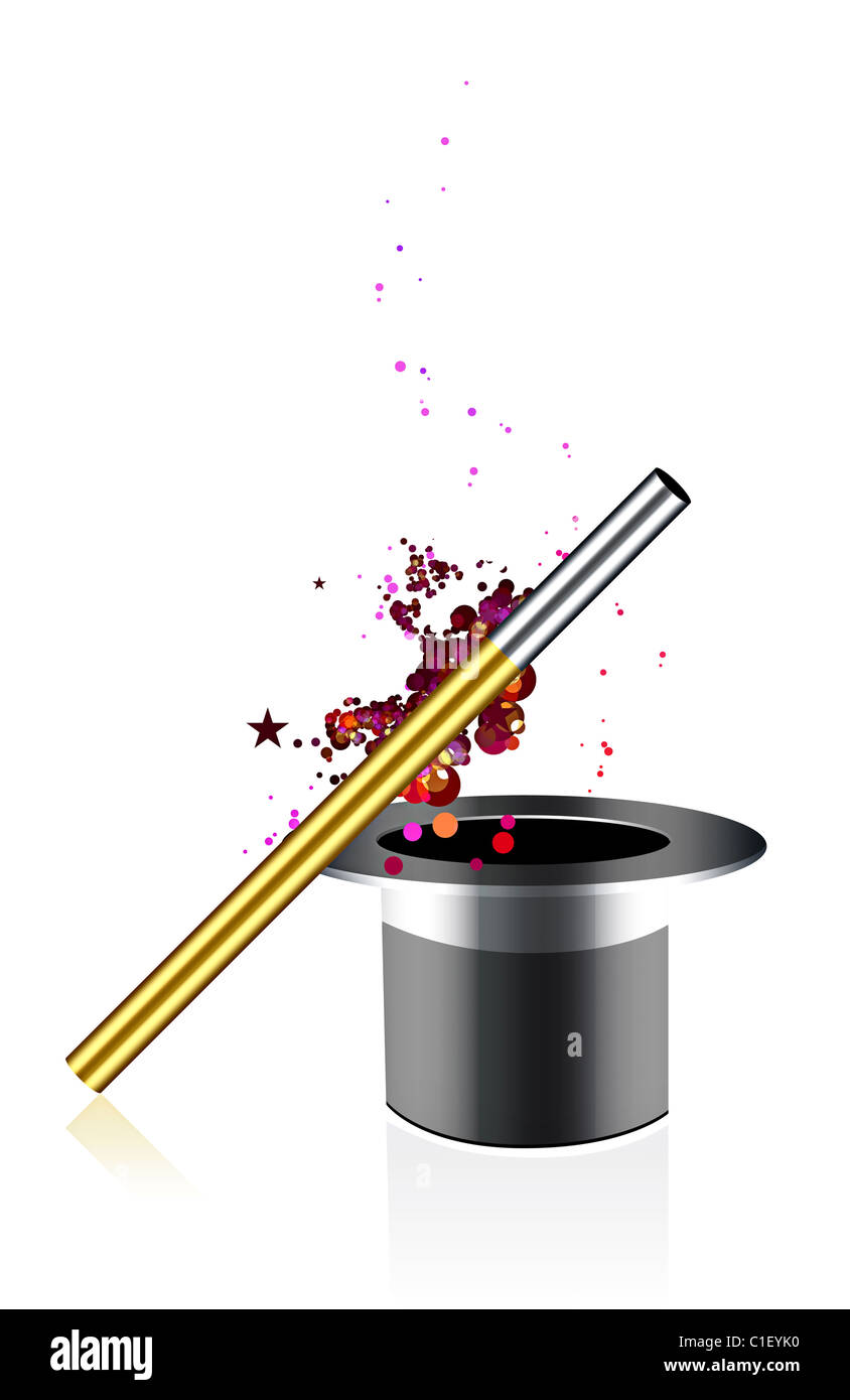 Beautiful vector magic background with wand and hat Stock Photo