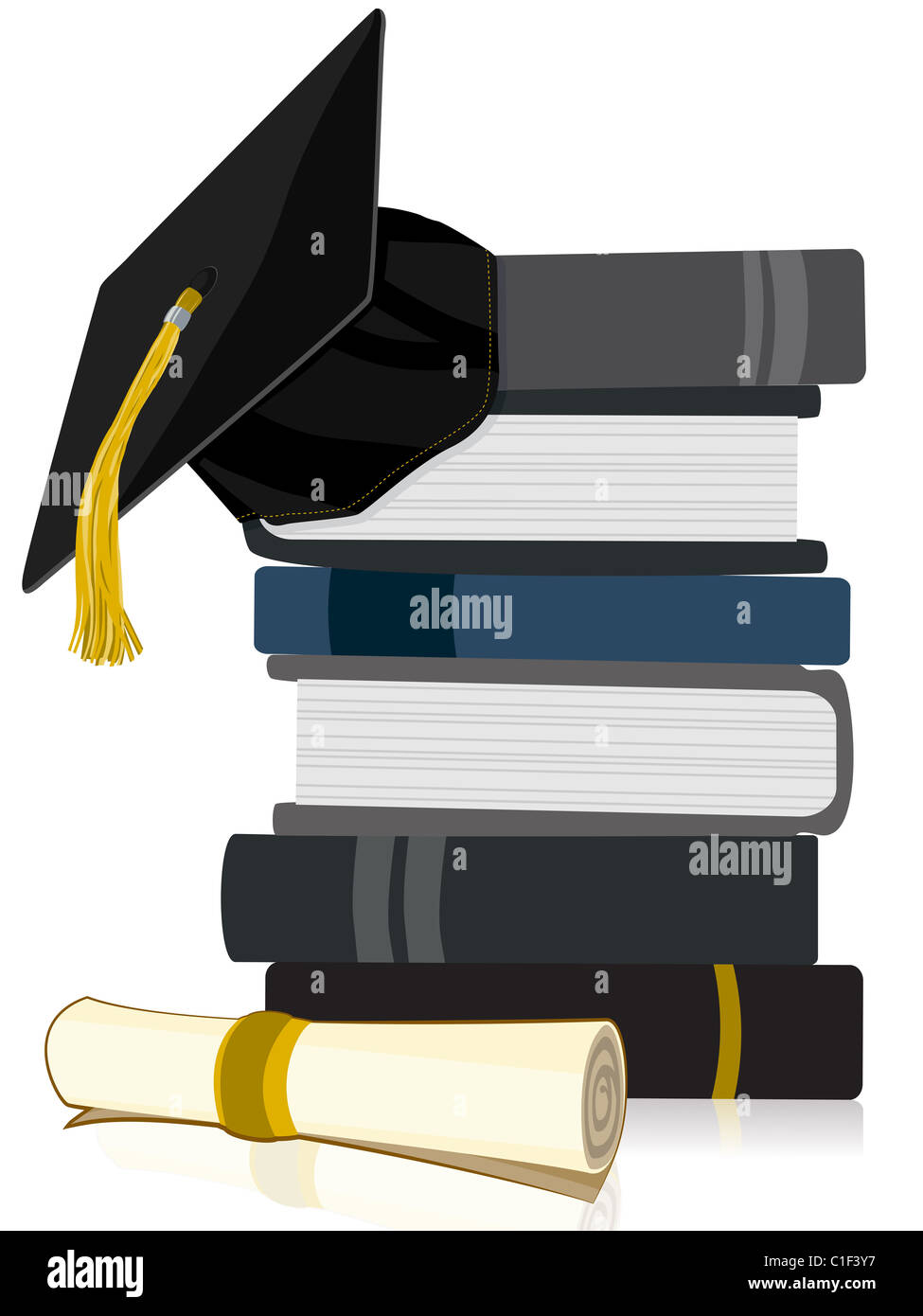 Graduation Cap on Book Stack with Diploma Stock Photo