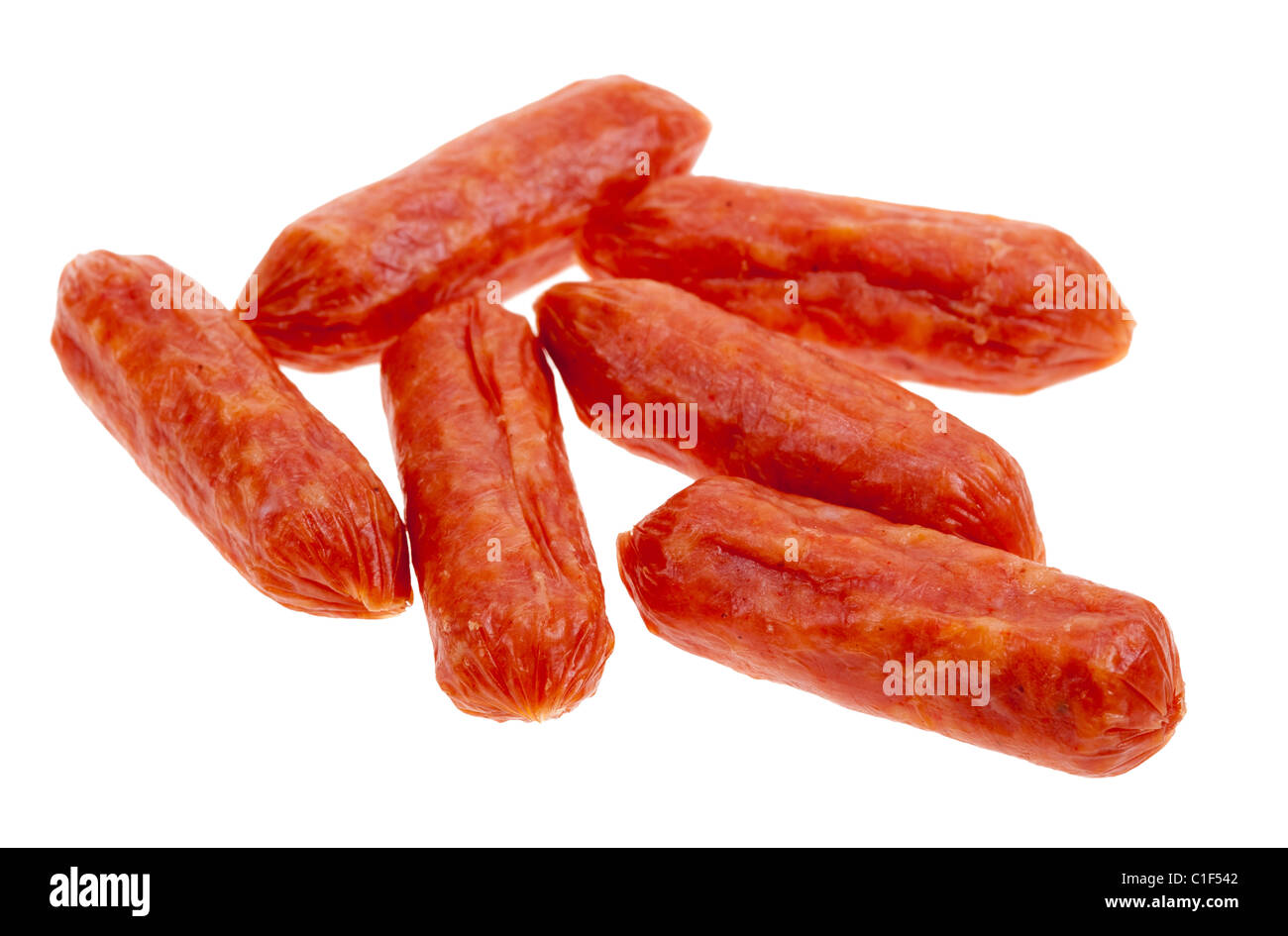 small spicy salami snacks isolated on a white background Stock Photo