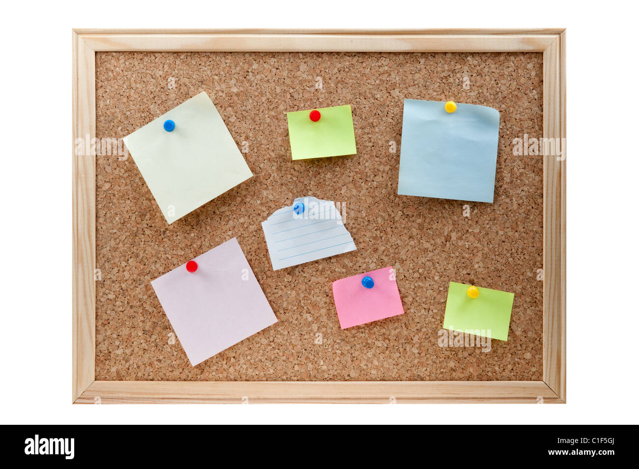 collection of colorful variety post it. paper note reminder sticky notes  pin on cork bulletin board Note reminder. empty space for text. Stock Photo