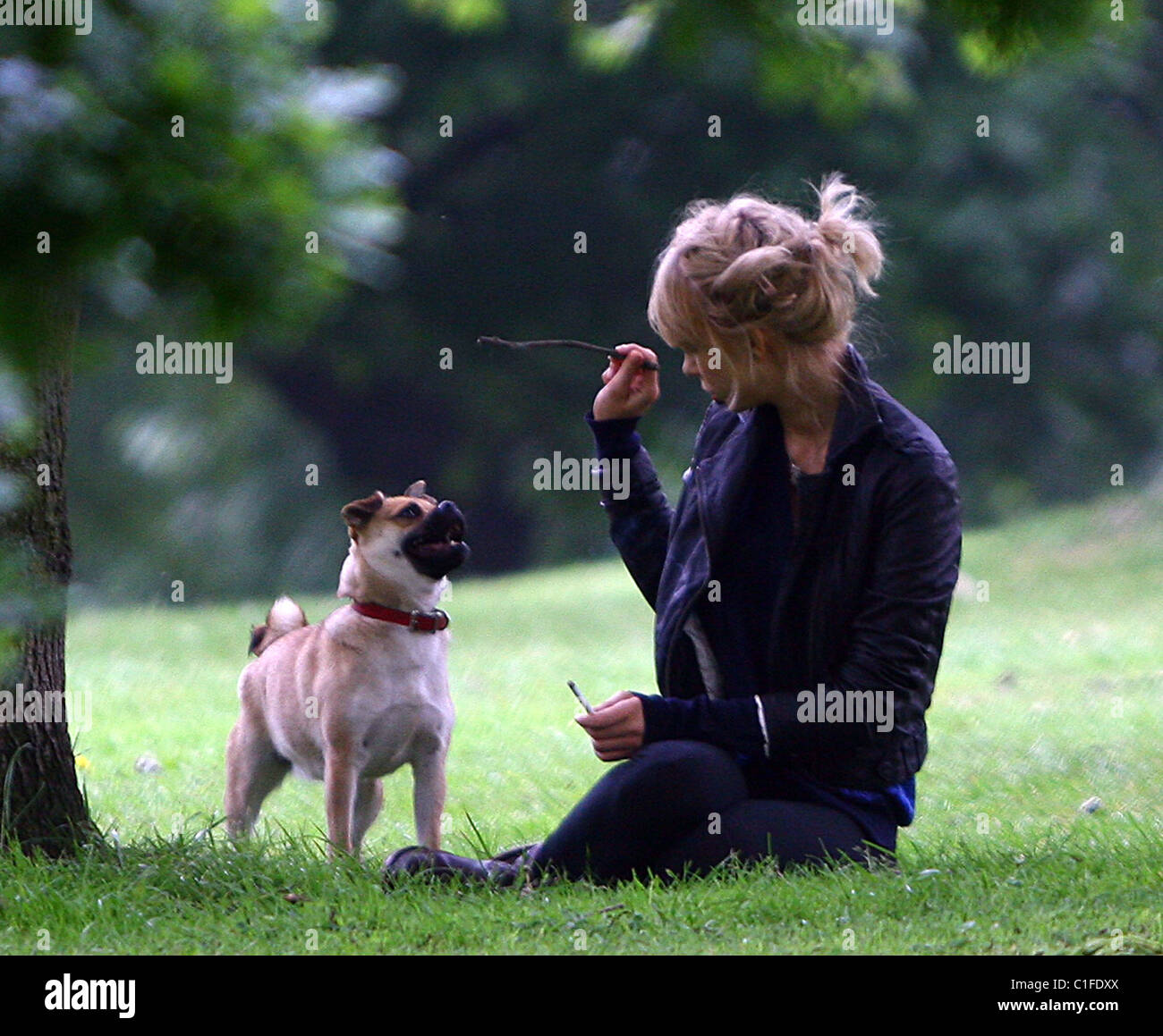 Ekaterina Ivanova plays with her dog in the park London, England - 14.05.09 Stock Photo