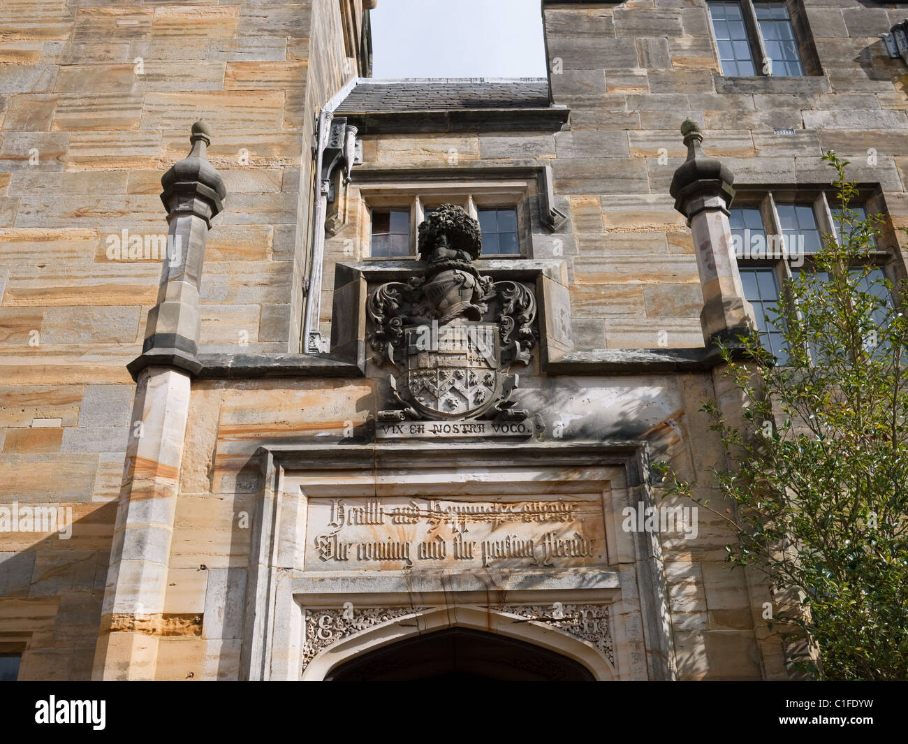 Scotney Castle House Entrance Coat of arms and motto Stock Photo