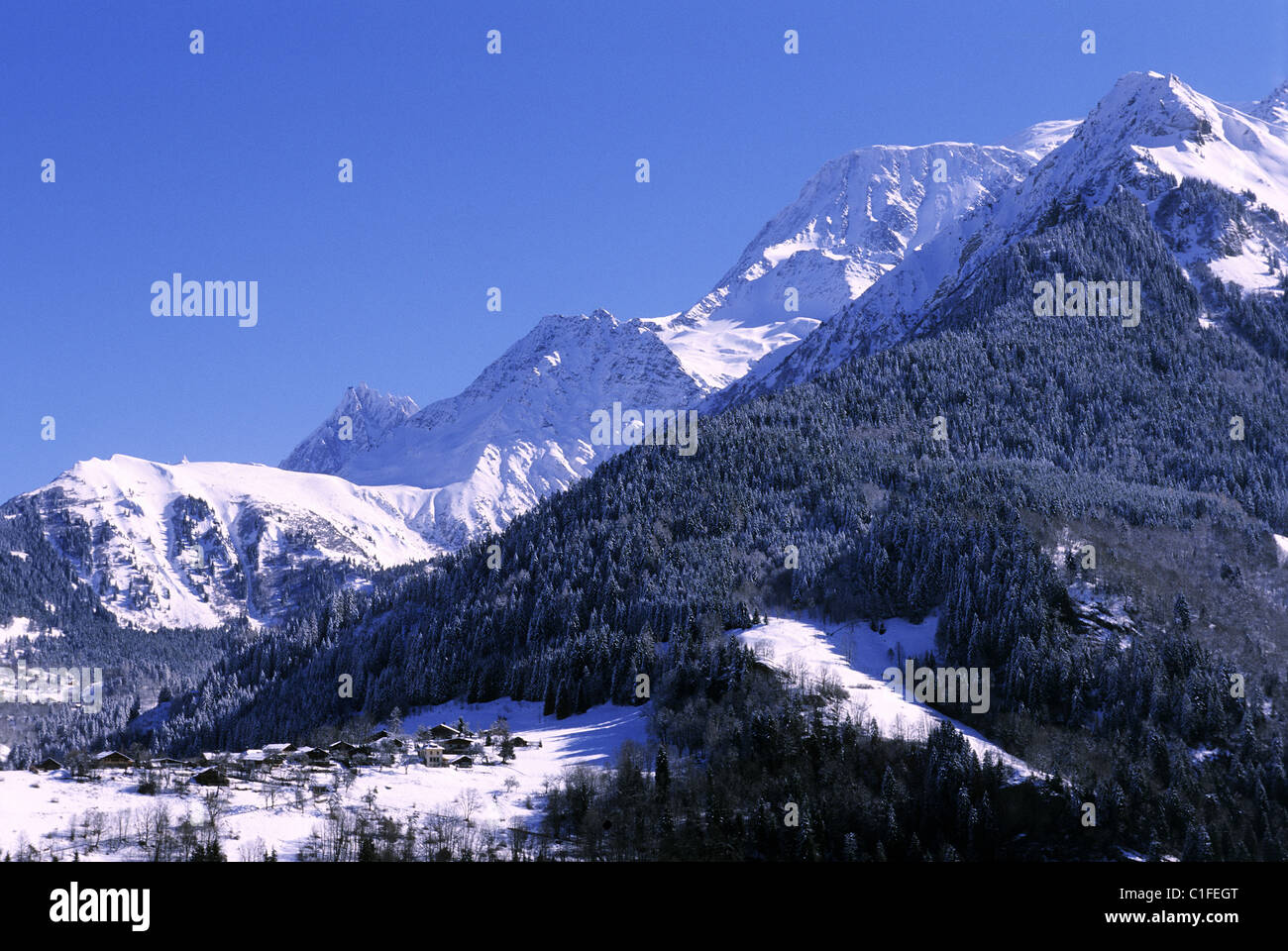 France, Haute Savoie, view of the Mont Blanc massif from the village of Saint Nicolas de Veroce Stock Photo