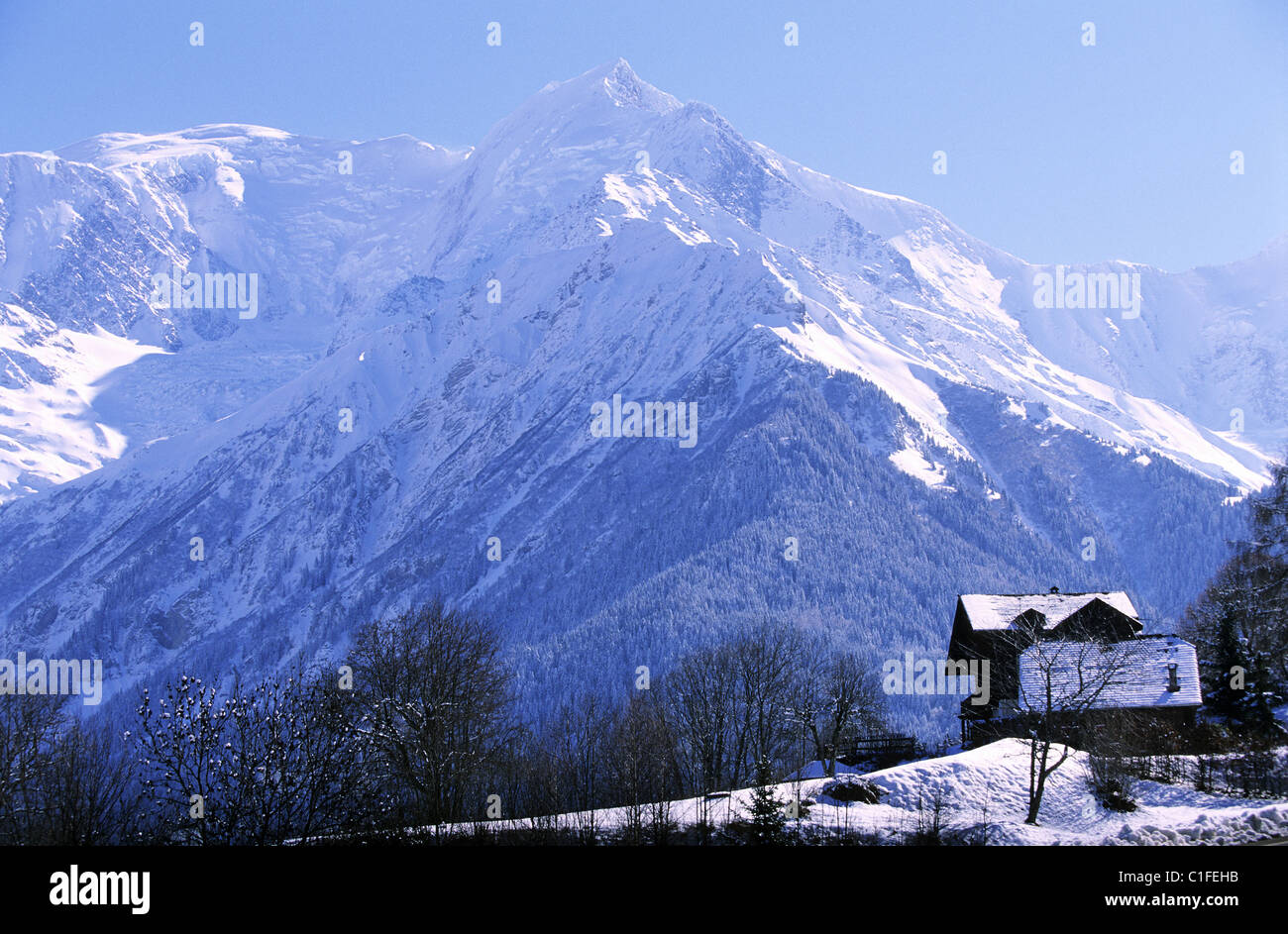 France, Haute Savoie, Saint Gervais les Bains, chalet in front of the Mont Blanc Stock Photo