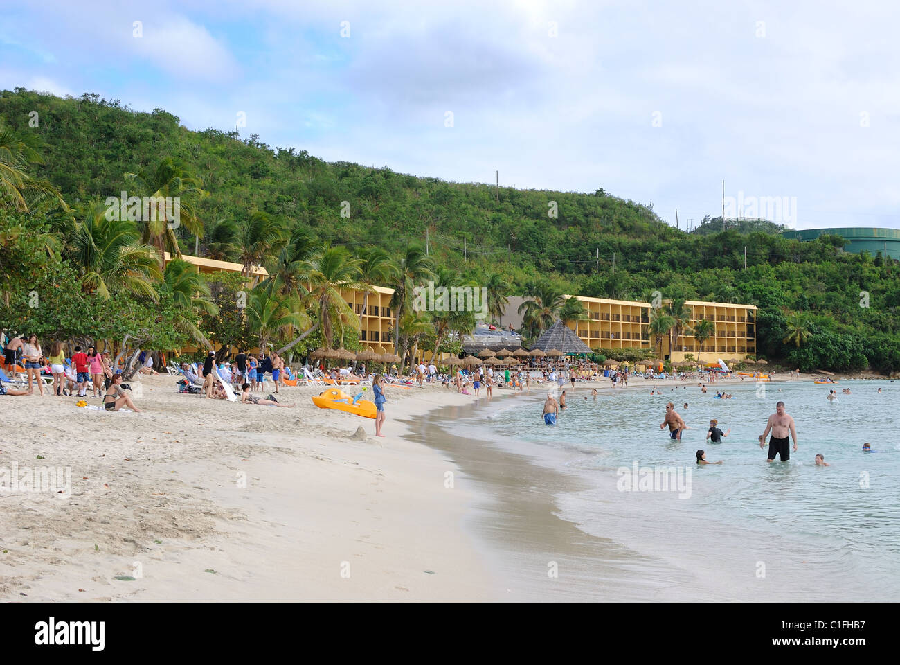 A beach with tourists on St. Thomas in the Virgin Islands. December 29, 2010. Stock Photo