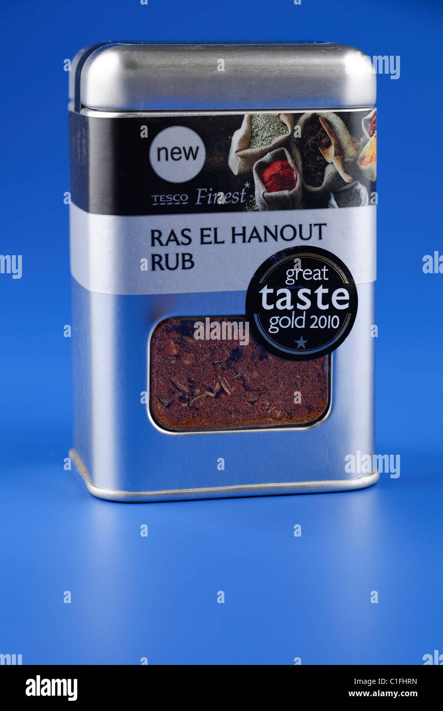 Silver coloured tin of Tesco Finest Ras El Hanout flavouring rub Stock Photo