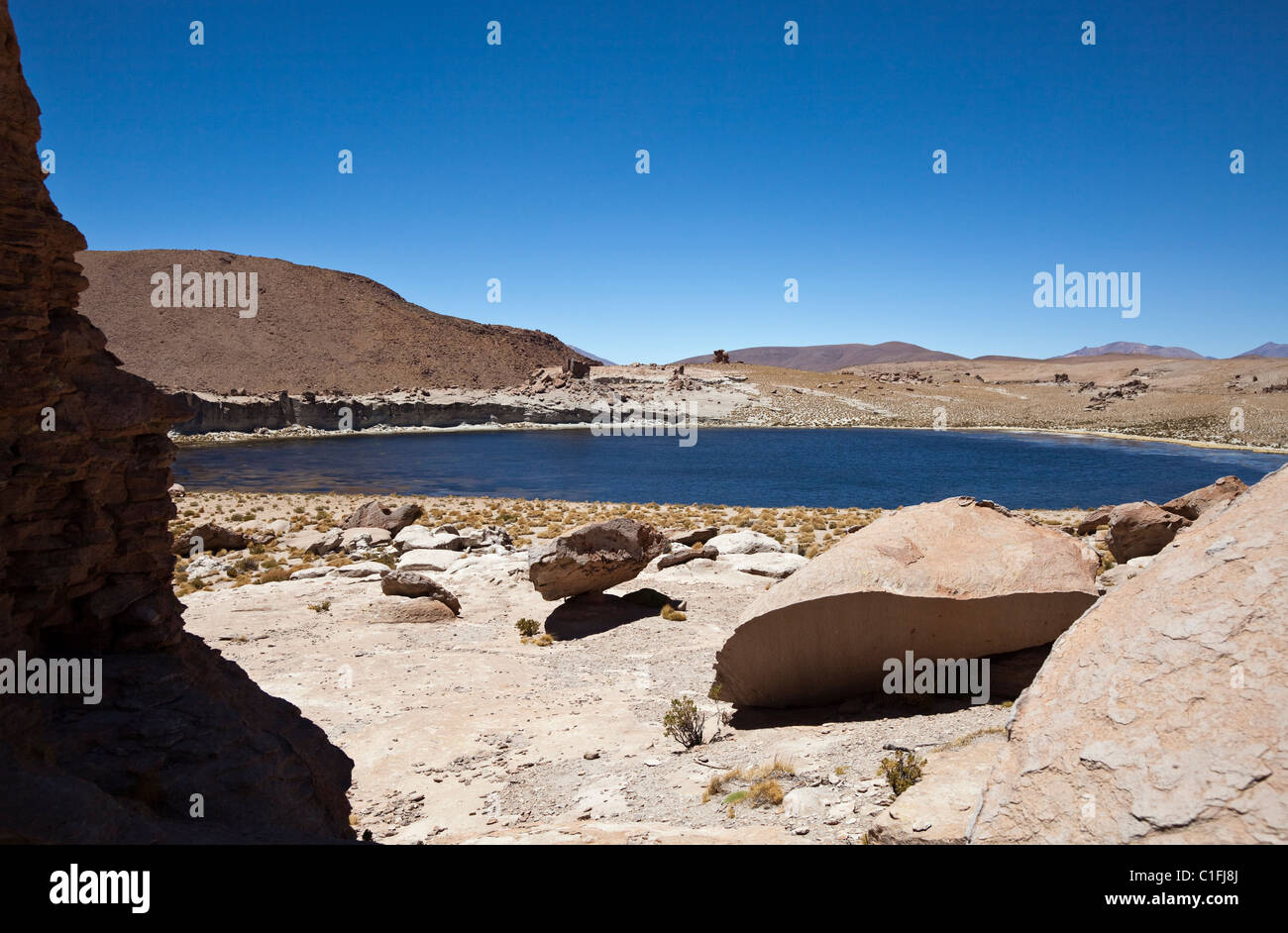 Lake and rock formations in Southern Bolivia, South America. Stock Photo
