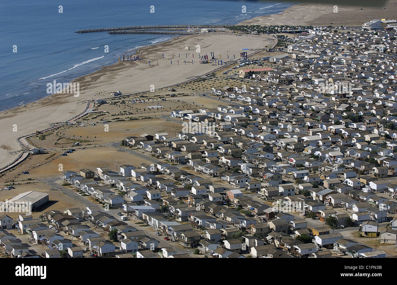 France, Aude, village of Gruissan Plage consists of houses built on piles (aerial view) Stock Photo