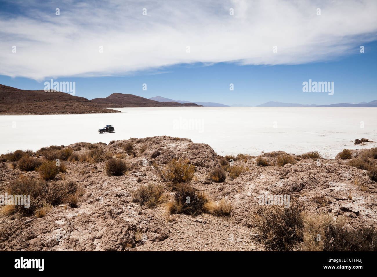 4X4 trek over “Salar de Uyuni” Bolivian salt flats, Bolivia “South America” Stock Photo