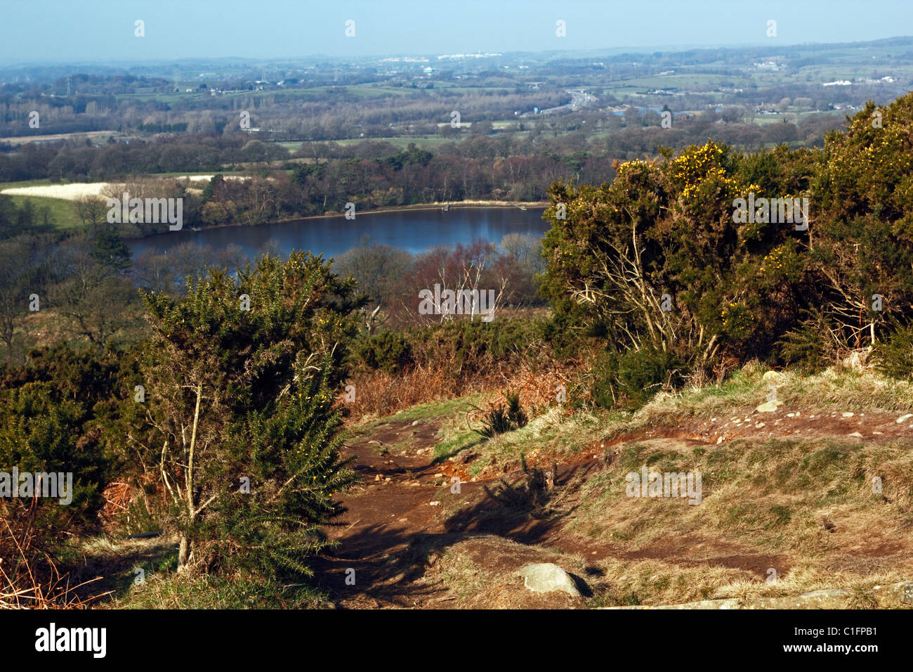 Looking down towards the lake from Nicky Nook in the Forest of Bowland, Lancashire. Stock Photo
