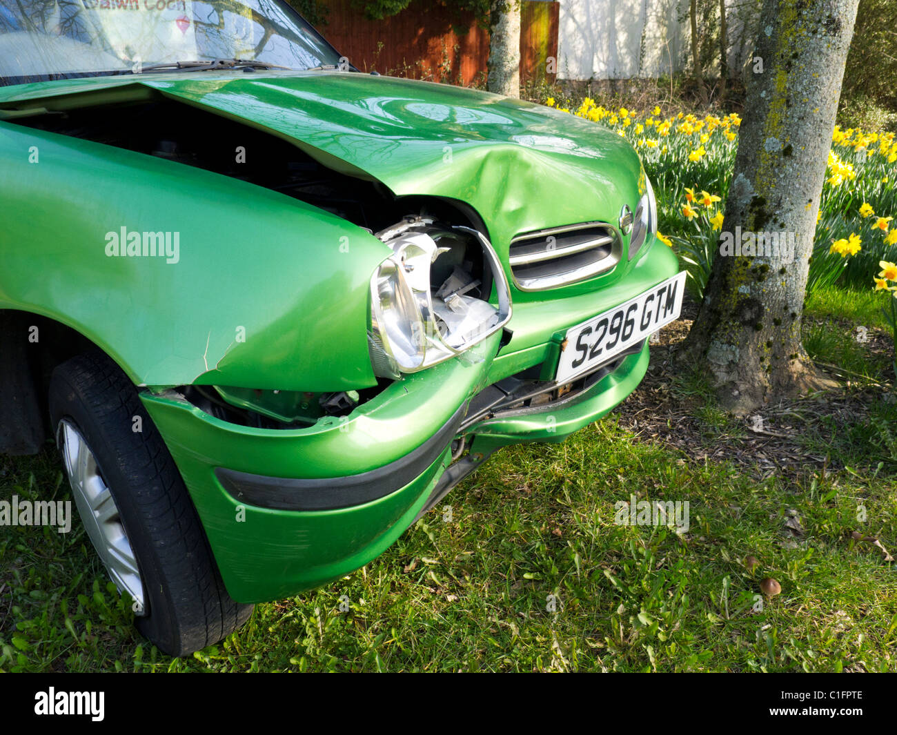 Small green Nissan Micra car after frontal crash into tree on rural country road Stock Photo