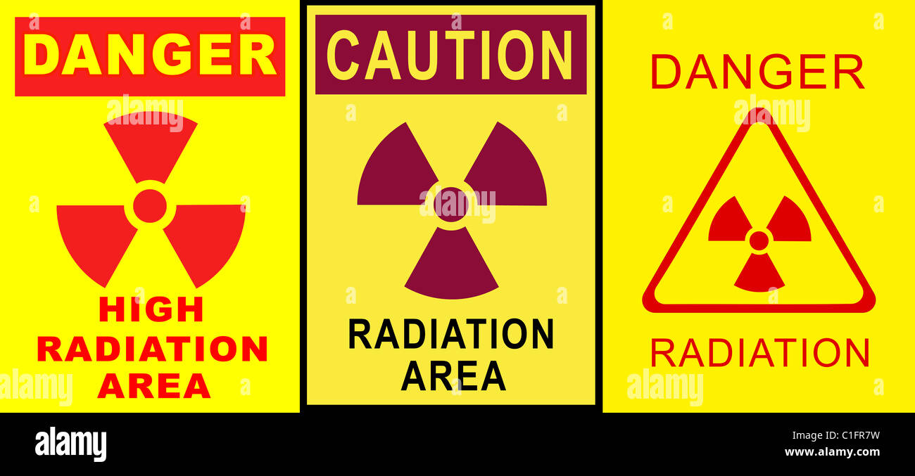 Radiation warning series. Three different caution placards / warning