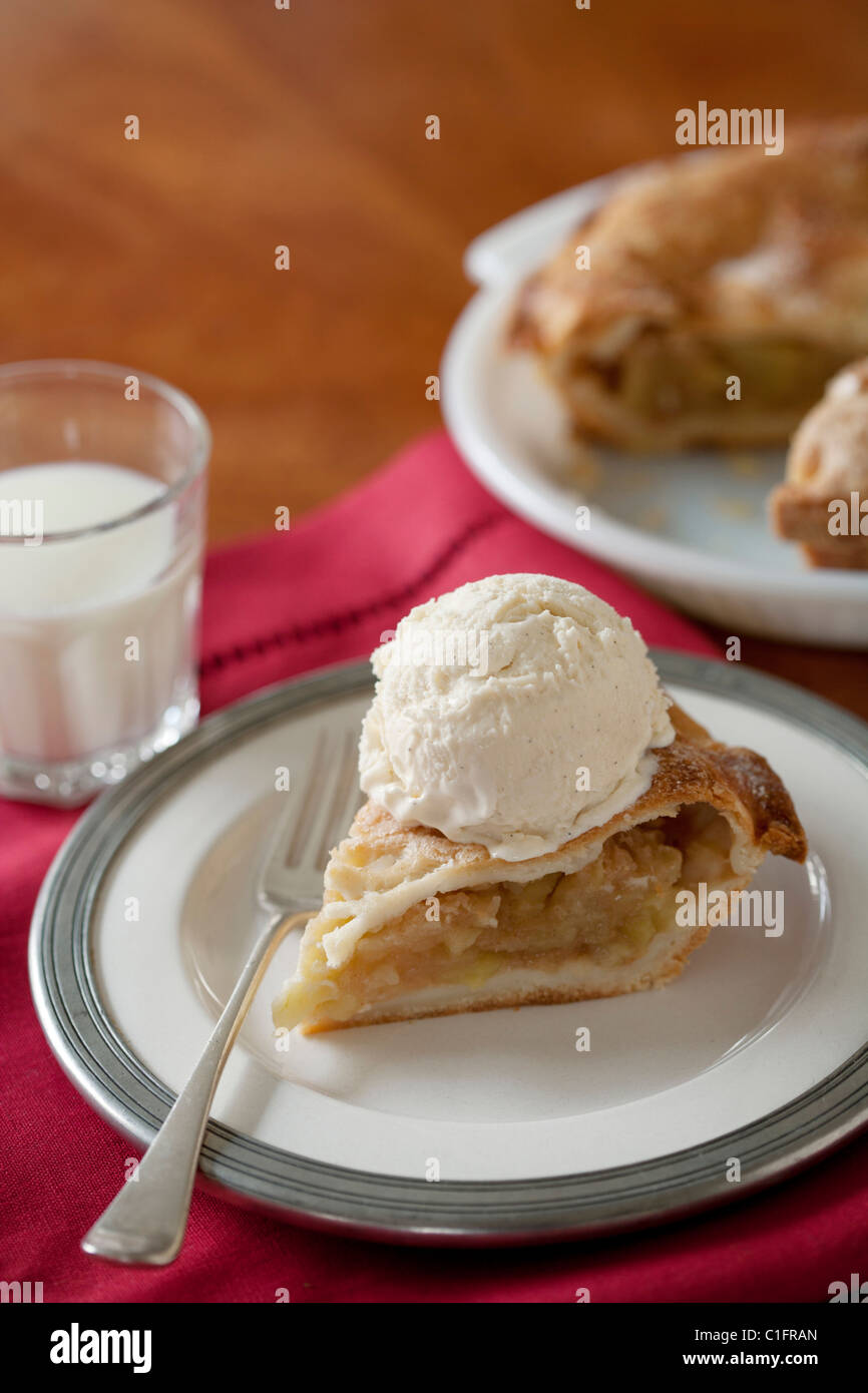 Apple pie al a mode with glass of milk Stock Photo