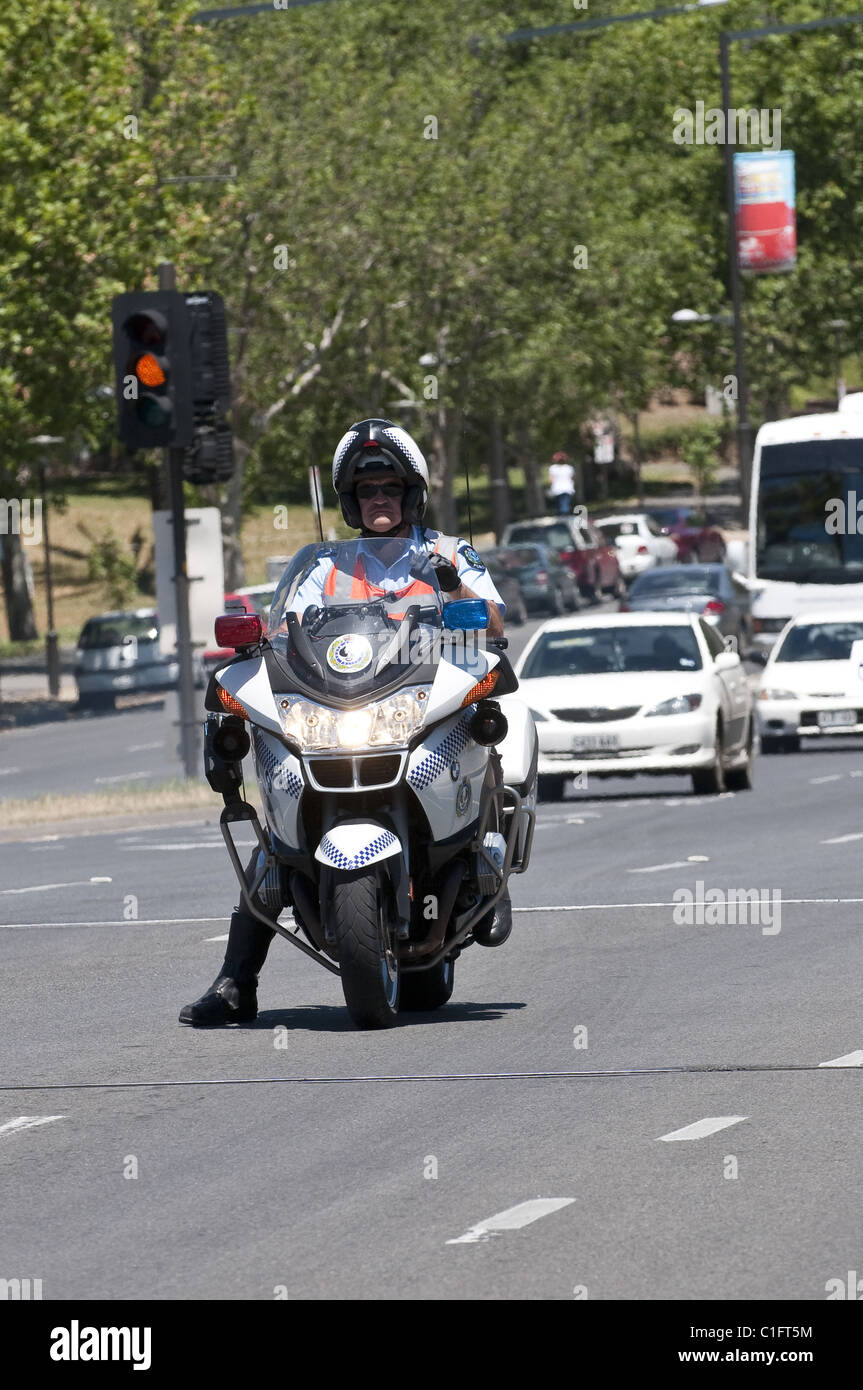 A Policeman on motorbike attends the 'Aged Care Protest' Adelaide, South Australia Stock Photo