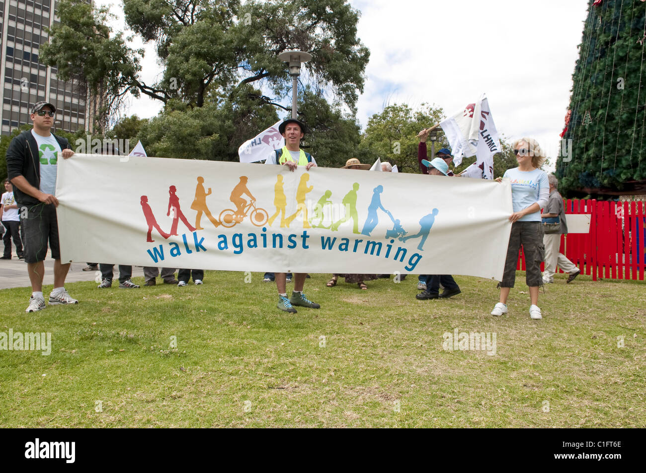 'Walk Against Warming' protest sign , Victoria Square 2009, Adelaide, South Australia Stock Photo