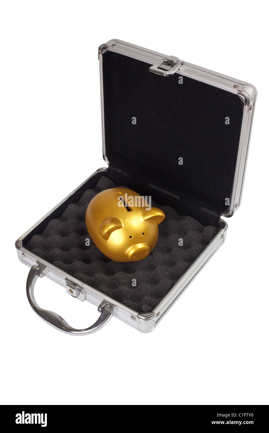 Gold piggy bank in a briefcase isolated on white background Stock Photo ...