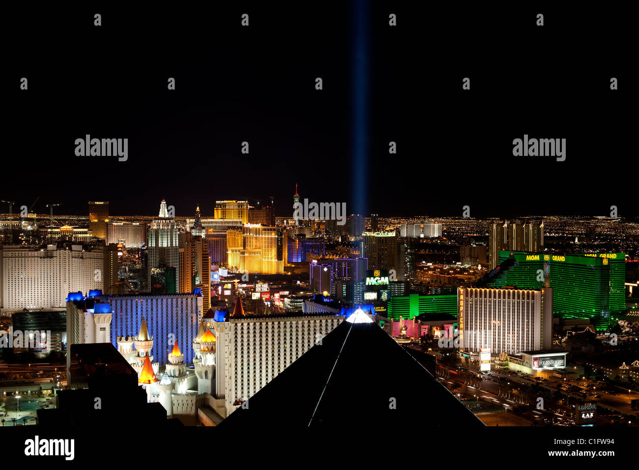 Elevated view of the Las Vegas skyline seen from the Mandalay Bay Hotel & Casino's rooftop. Paradise, Clark County, Nevada, USA. Stock Photo