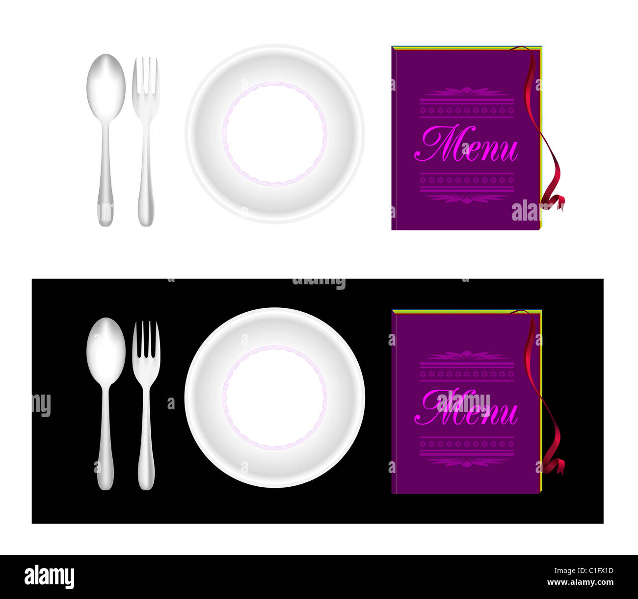 Plate, fork, spoon, menu Stock Photo Alamy