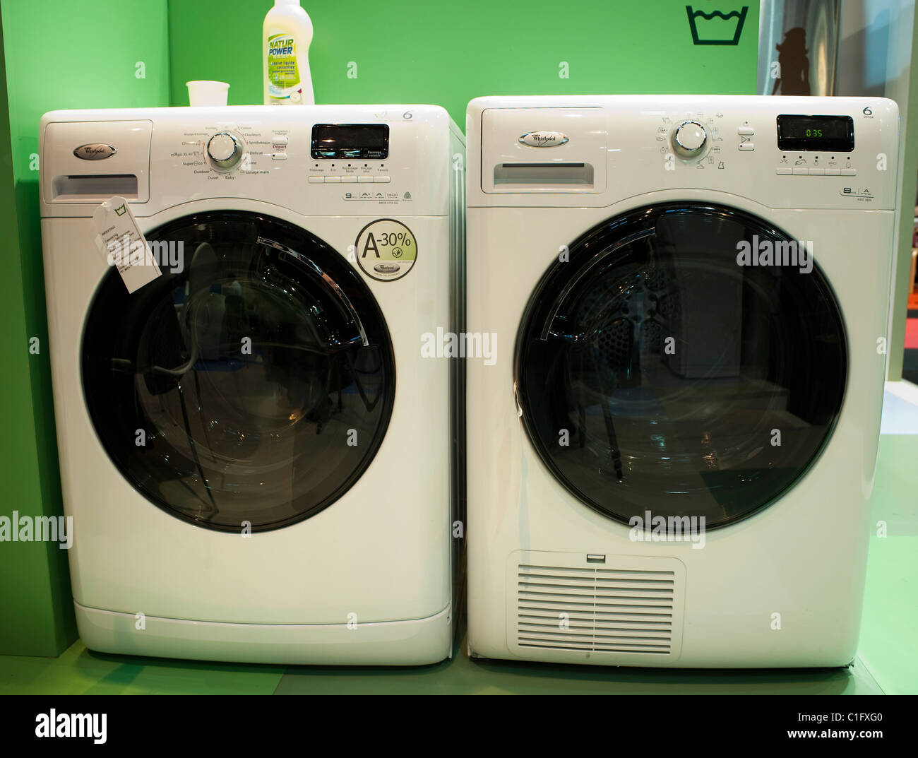 Paris, France, Green House, Whirlpool Company Home Energy Saving Domestic Appliances, New Washer Dryers Machines on display, energy efficient home Stock Photo