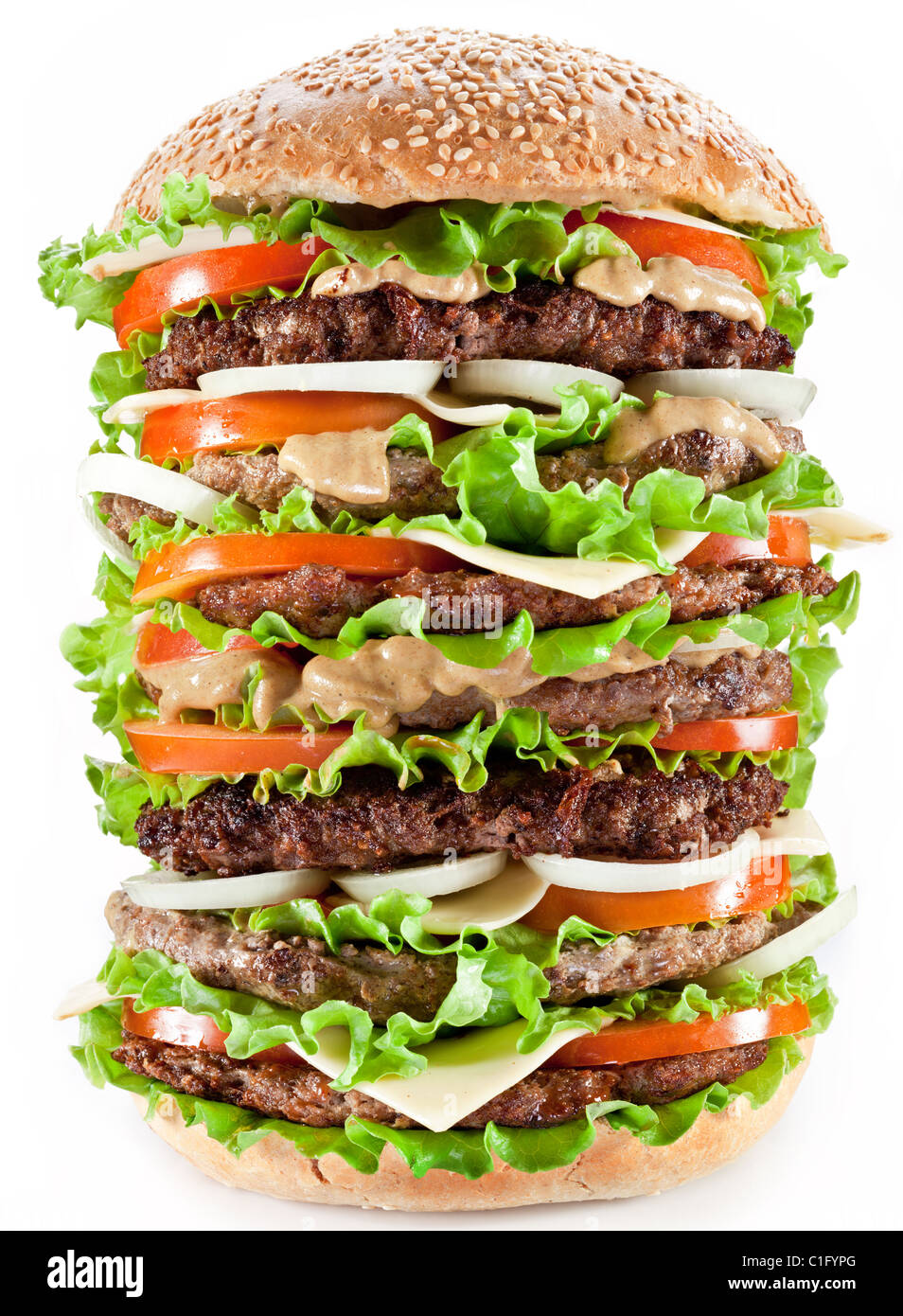 Gigantic hamburger on white background. Stock Photo