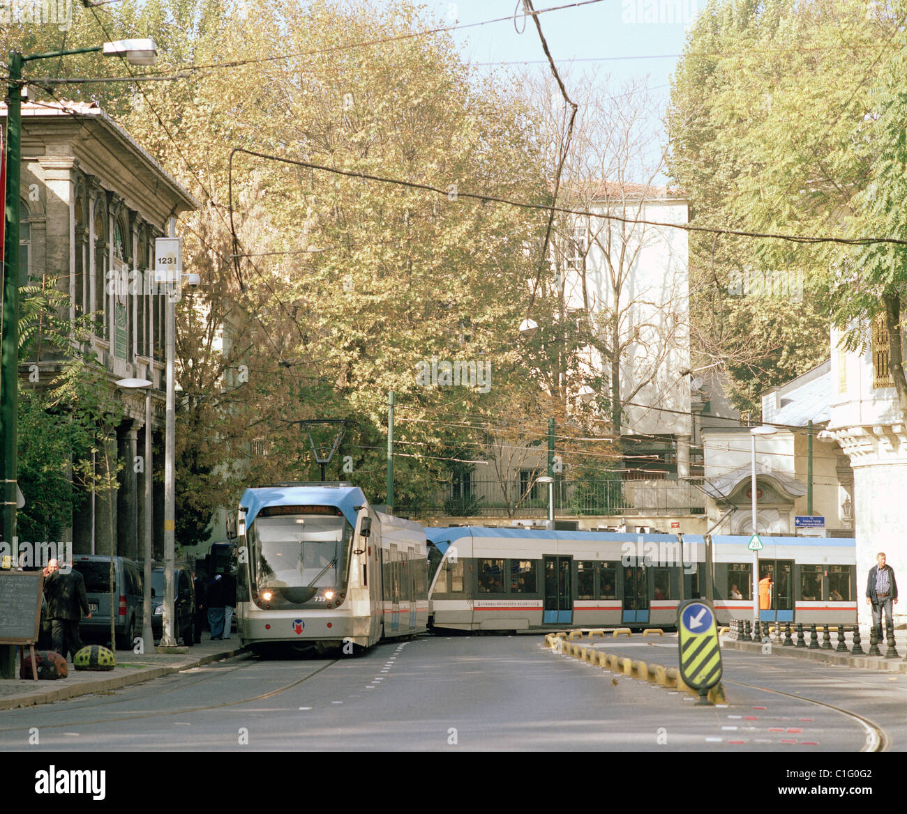 Tram in Sultanhamet in Istanbul in Turkey in Middle East Asia. Public Transport Tramway City Modern Urban Cities Modernity Holiday Vaction Travel Stock Photo