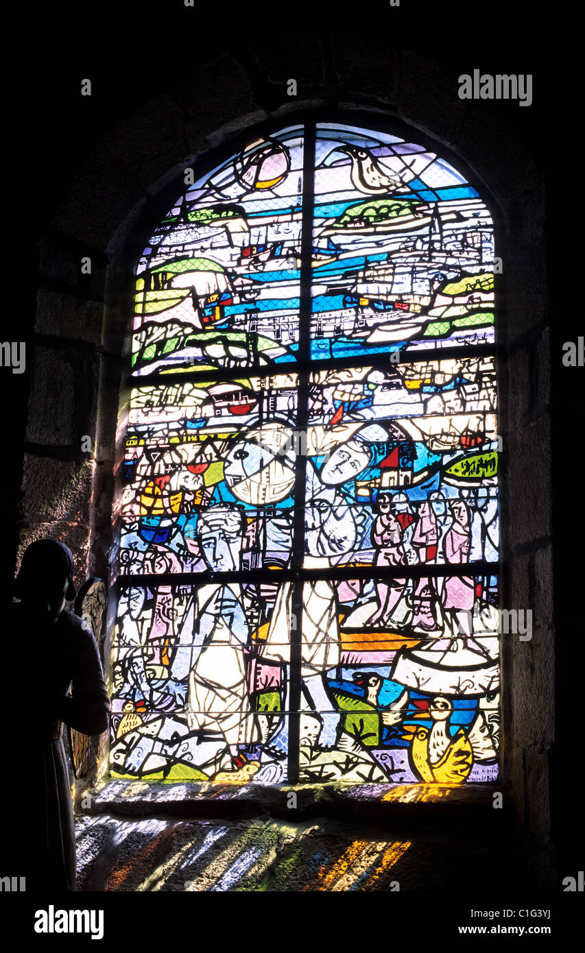 France, Finistere, Treboul, Saint Jean church, stained glass window by R Quere representing Saint Jean Baptiste Stock Photo
