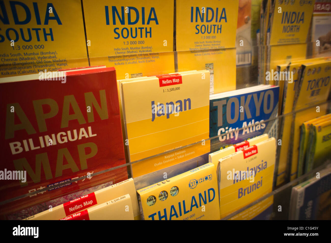 World maps including Asia and Japan are seen in a book store in New York on Sunday, March 13, 2011. (© Richard B. Levine) Stock Photo