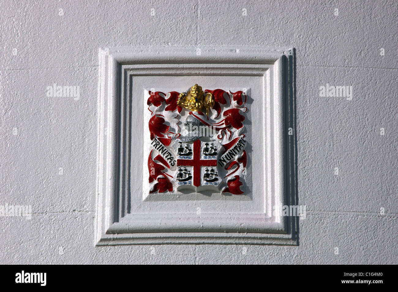 The coat of arms of Trinity House, the body in the UK charged with shipping safety. It's on Portland lighthouse in Dorset. Stock Photo