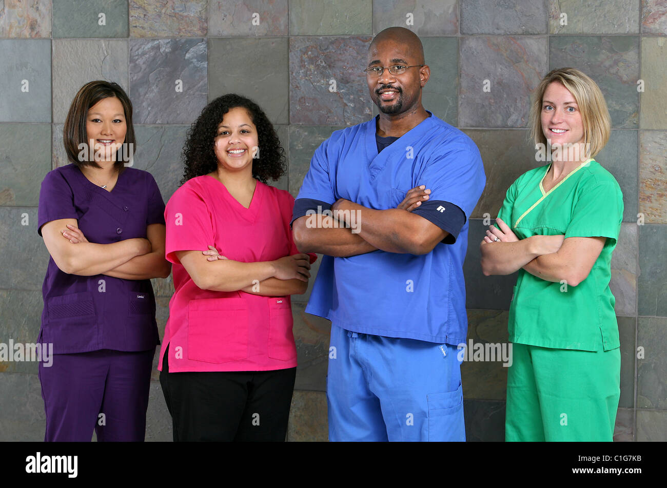 Nurses in a hospital. Various ethnic backgrounds. Healthcare related photo. Stock Photo