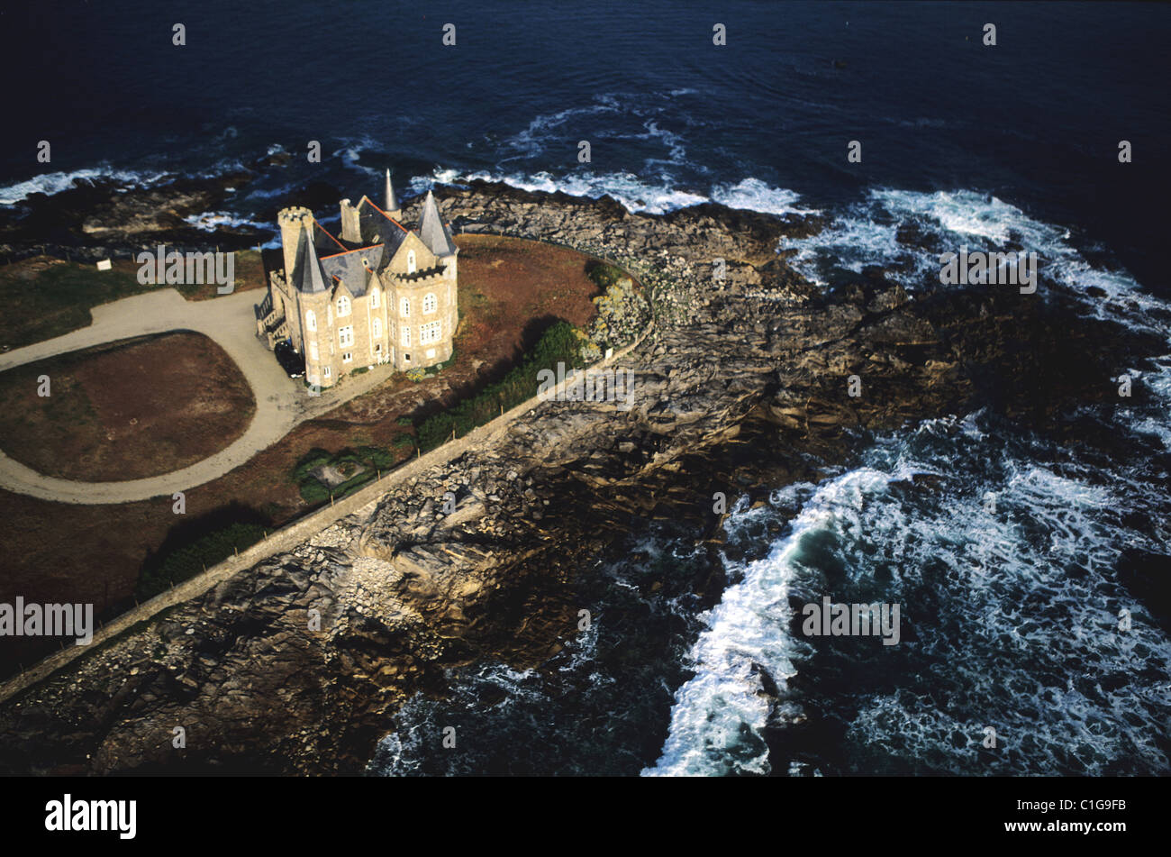 France, Morbihan, private castle at the end of the Quiberon village (aerial view) Stock Photo