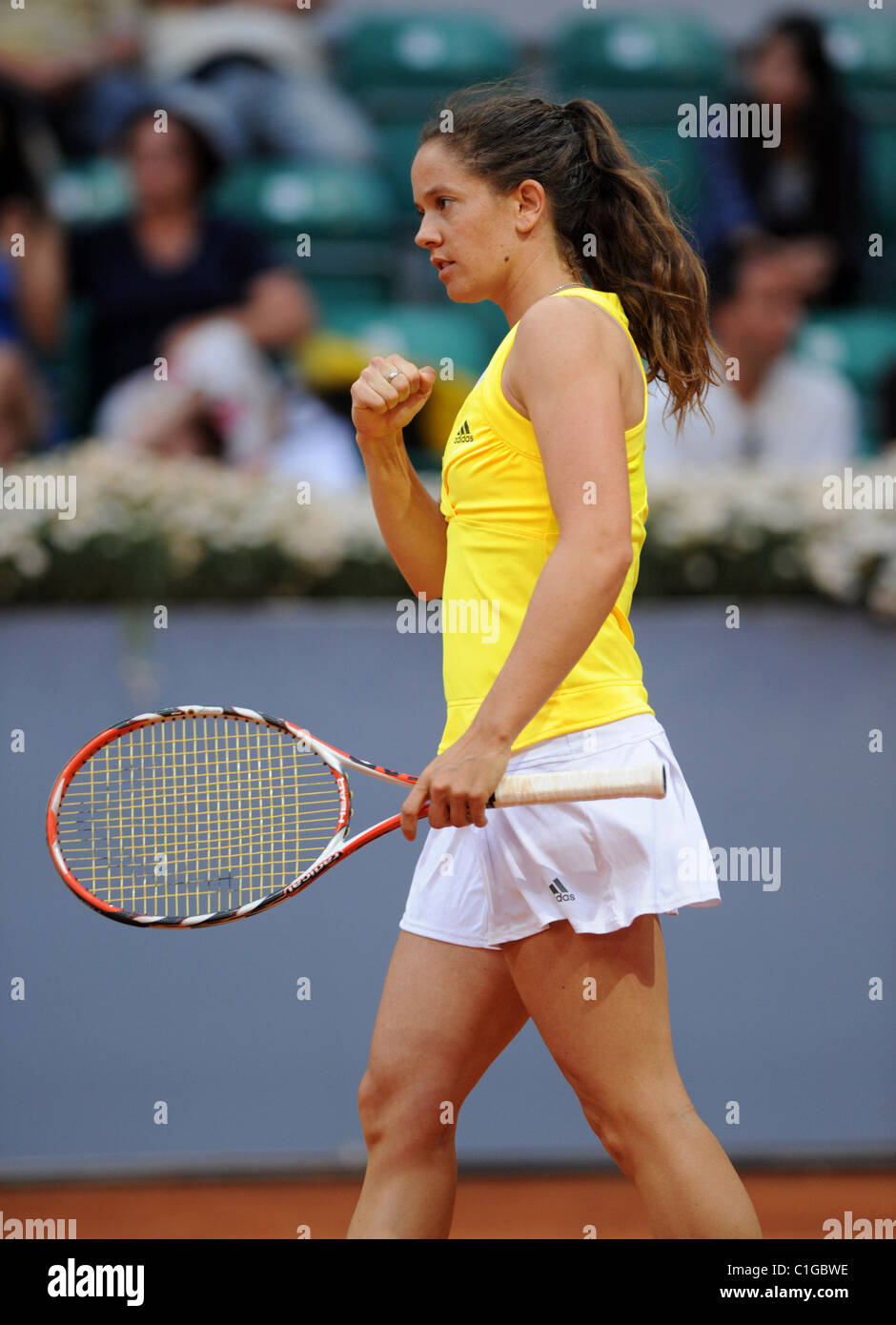 Patty Schnyder  of Switzerland celebrates a during the women's quarterfinal against Jelena Jankovic of Serbia at the Madrid Stock Photo