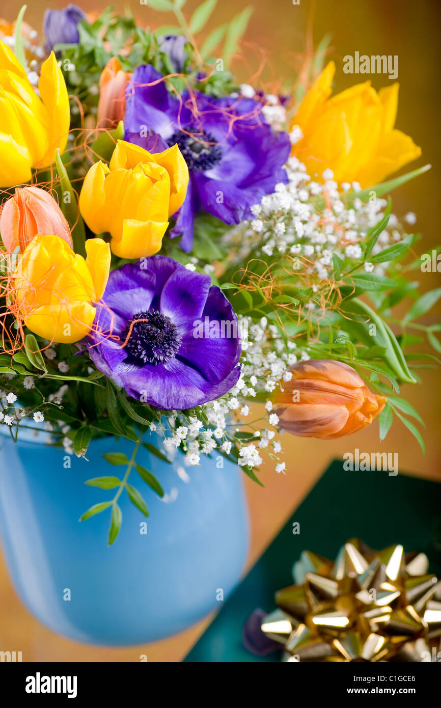 bunch of anemones and tulips Stock Photo
