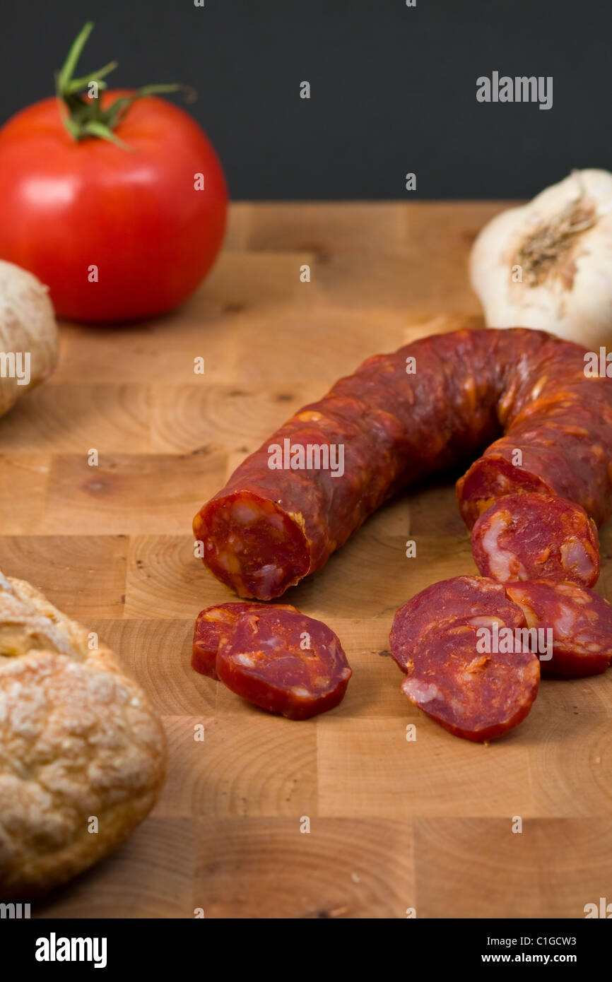 Tasty italian chorizo sausage and bread snack Stock Photo Alamy