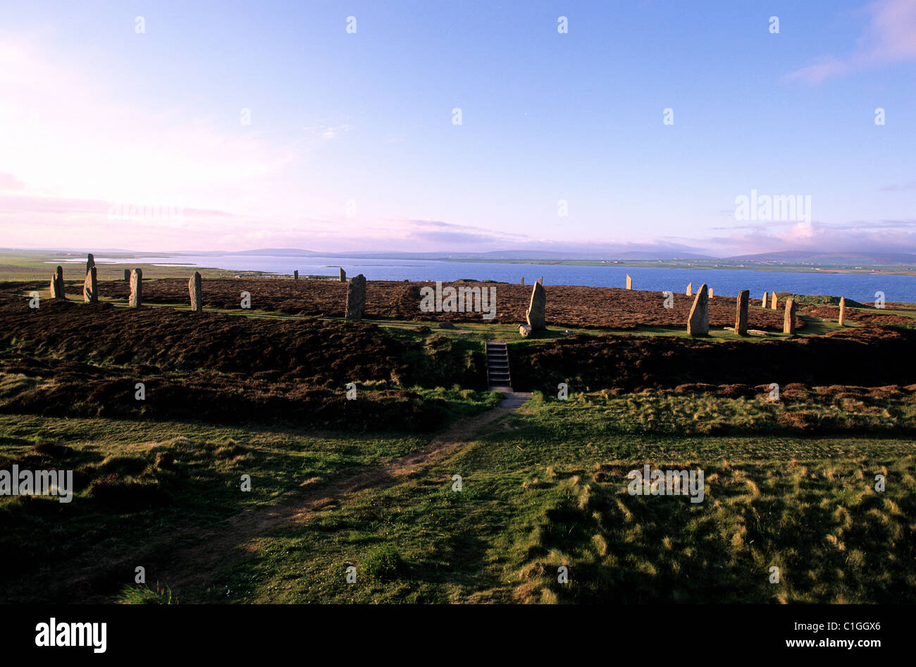 United Kingdom Scotland Orkney Islands Mainland beside the Loch of Stenness standing stones from the Ring of Brogar listed as Stock Photo