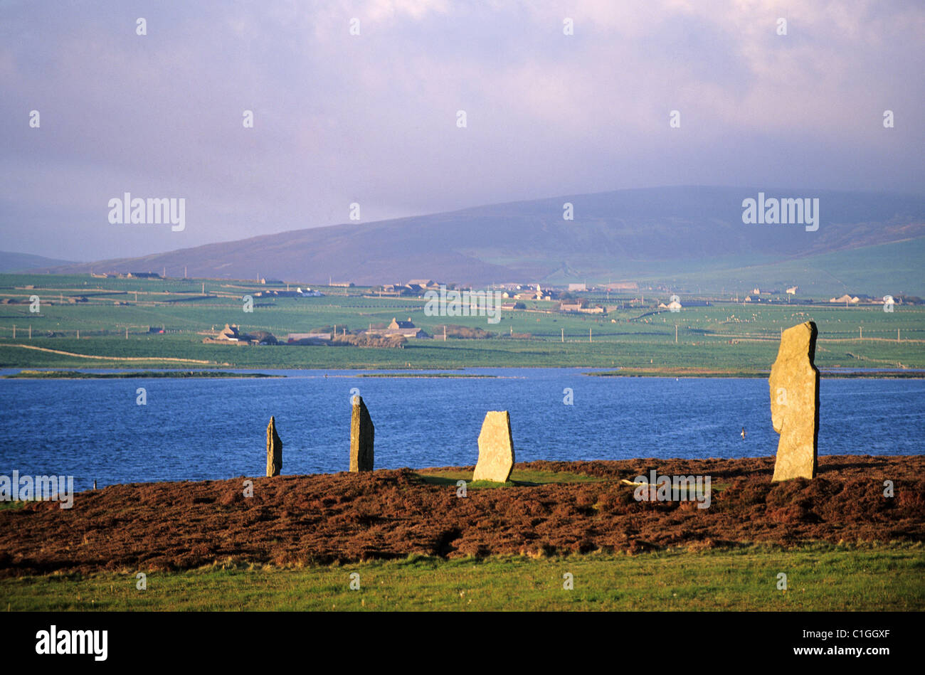 United Kingdom Scotland Orkney Islands Mainland beside the Loch of Stenness standing stones from the Ring of Brogar listed as Stock Photo