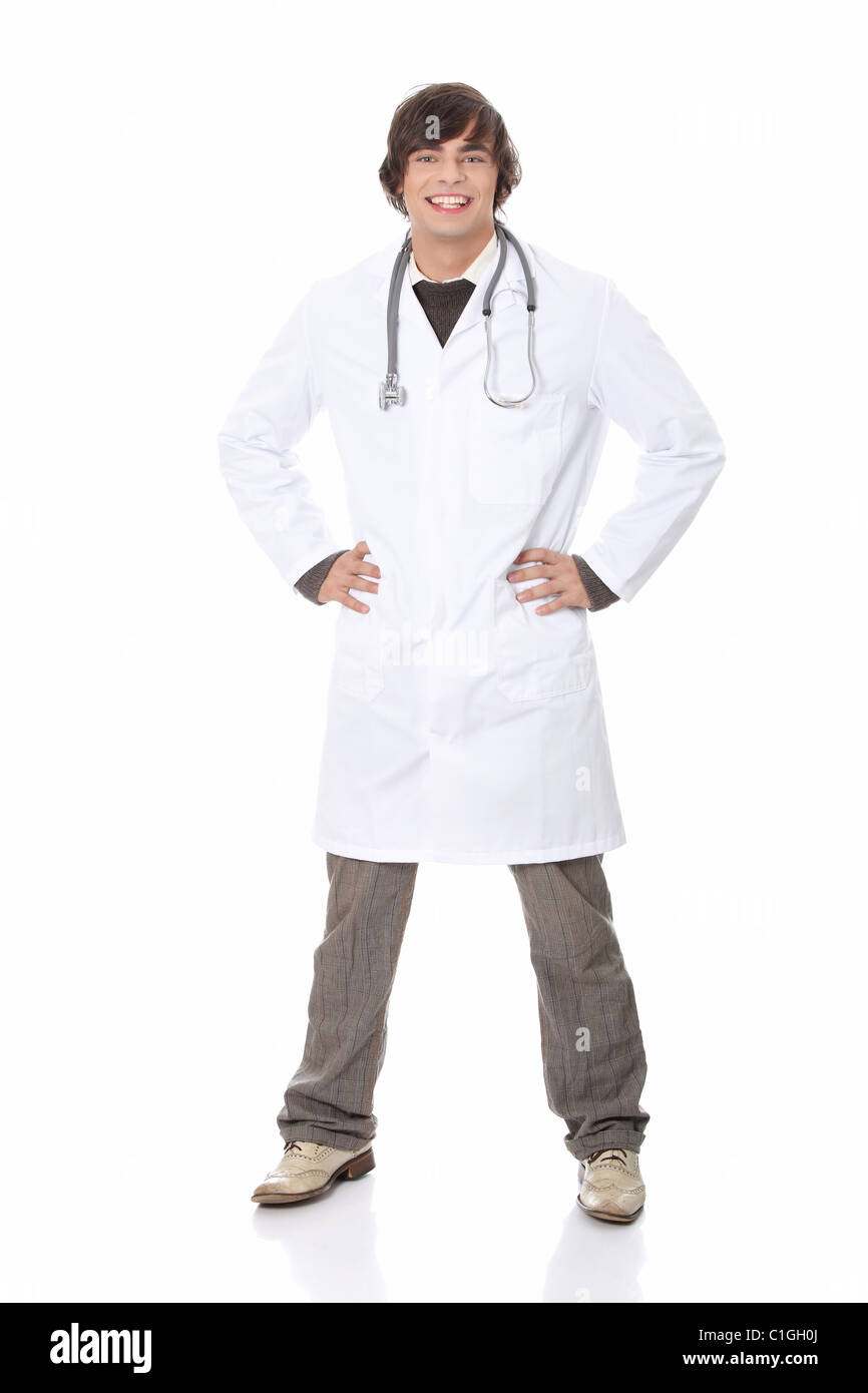 Handsome, happy young doctor isolated on white background Stock Photo