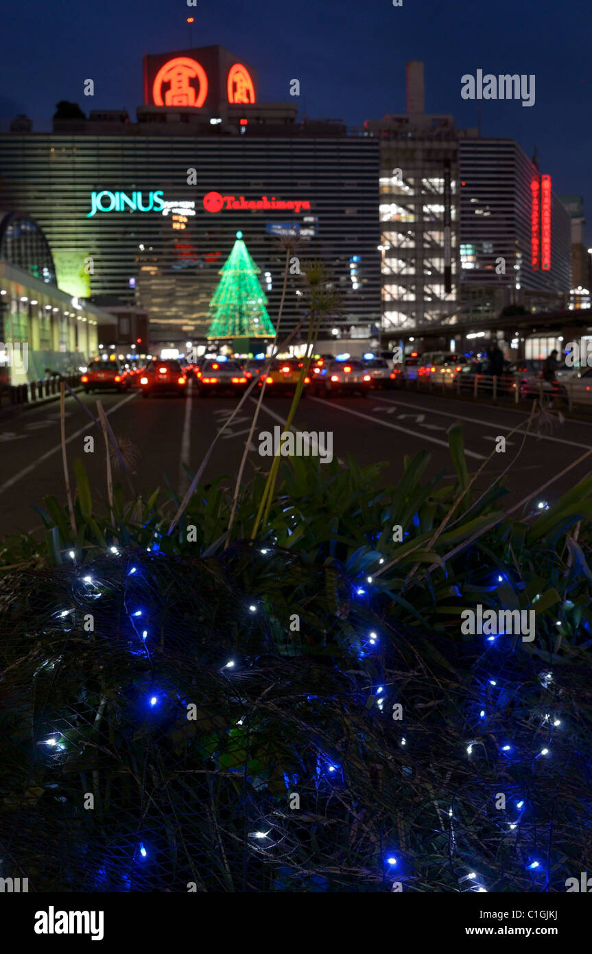 Blue fairy lights around Yokohama JR Nishiguchi Exit, Japan JP Stock Photo