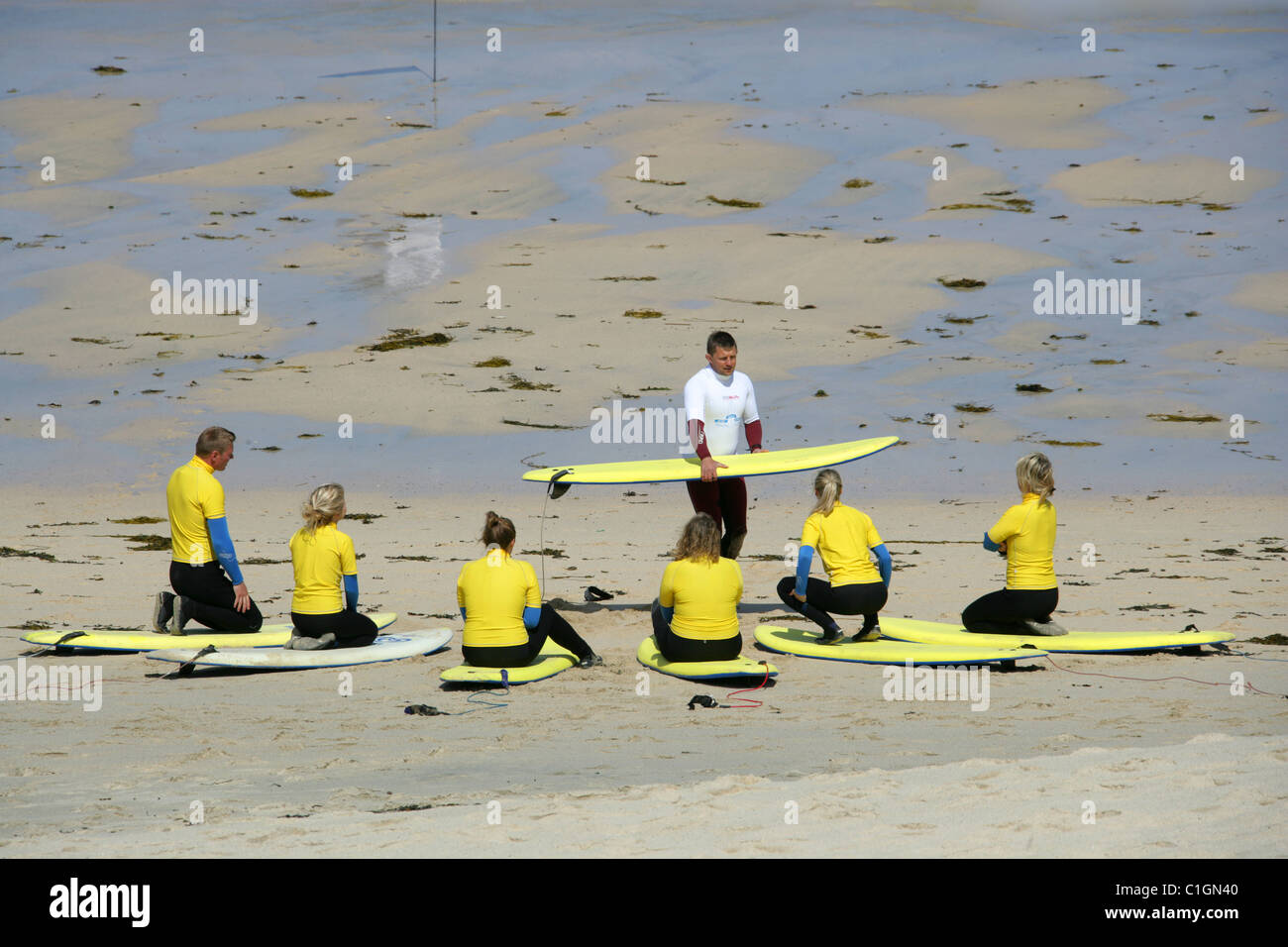 Surfing Instructor Giving a Lesson in Surfing, St Ives, Cornwall Stock