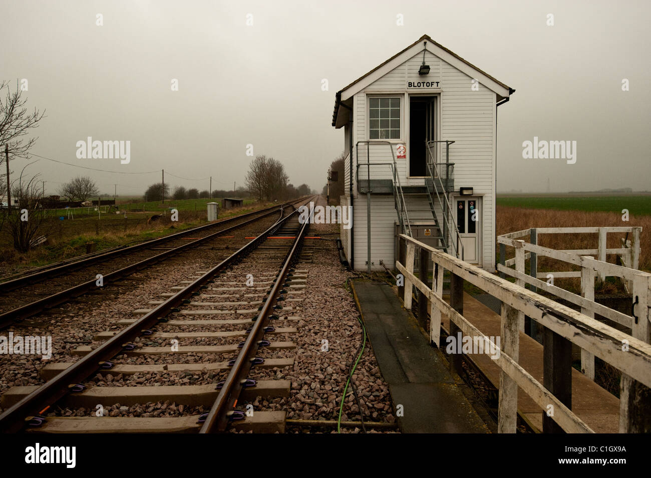 Blotoft signal box and level crossing by South Drove Farm, Helpringham Fen. Stock Photo